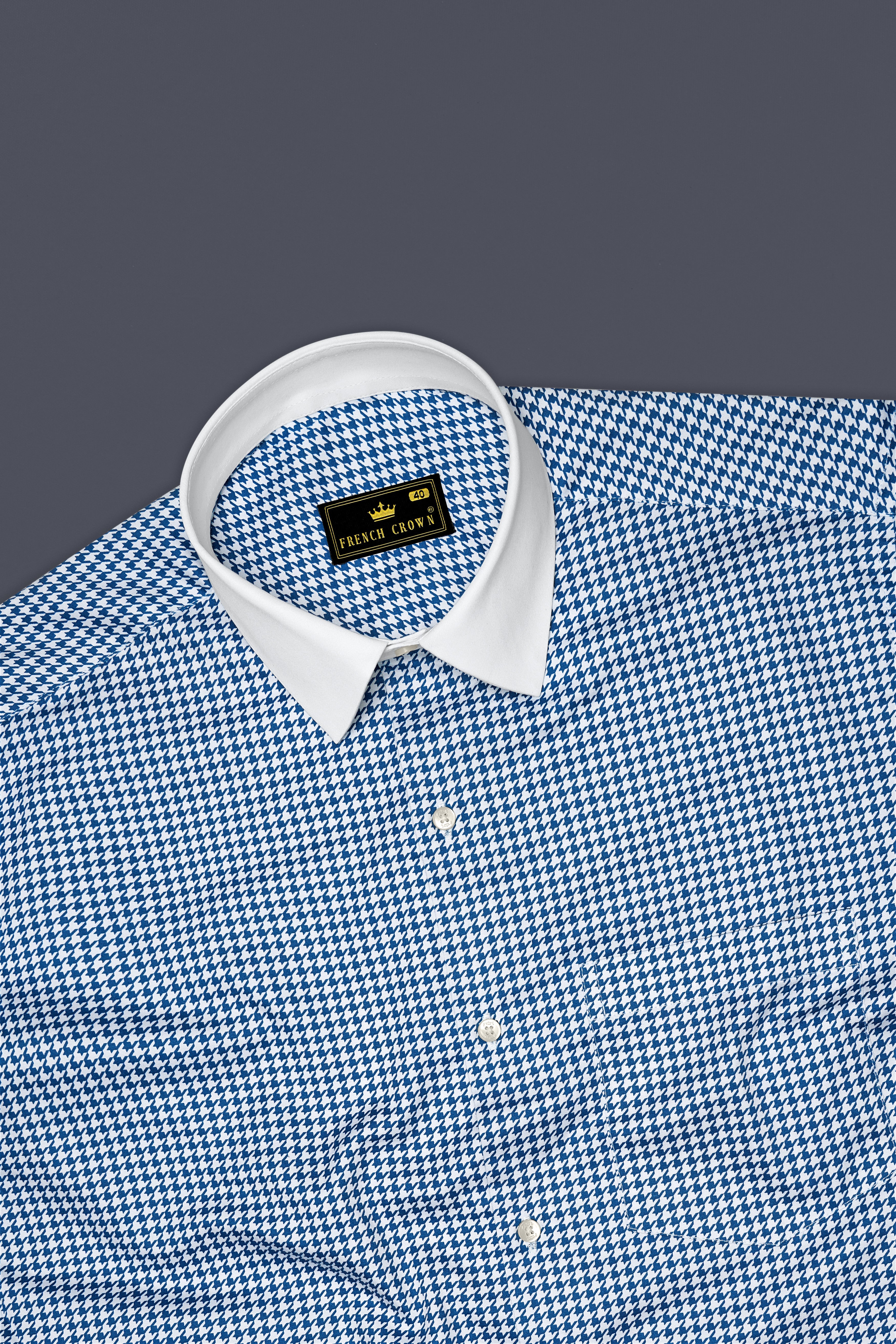 Creston-Lapis Blue And Bright White Houndstooth Printed Super Soft Premium Cotton Dress White Cuff Collar Shirt