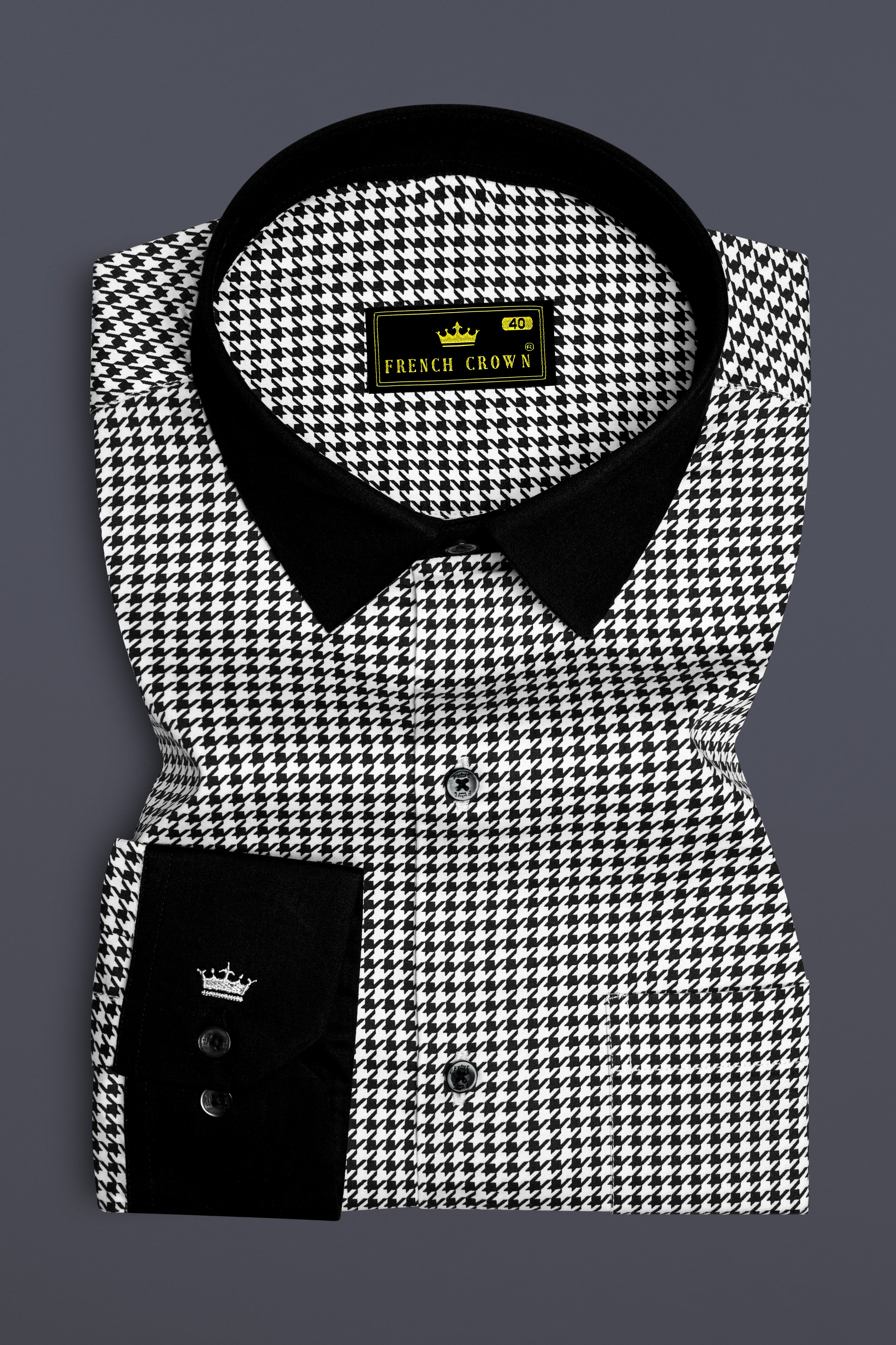 Regalis-Jade Black And Bright White Houndstooth Printed Super Soft Premium Cotton Dress Black Cuff Collar Shirt