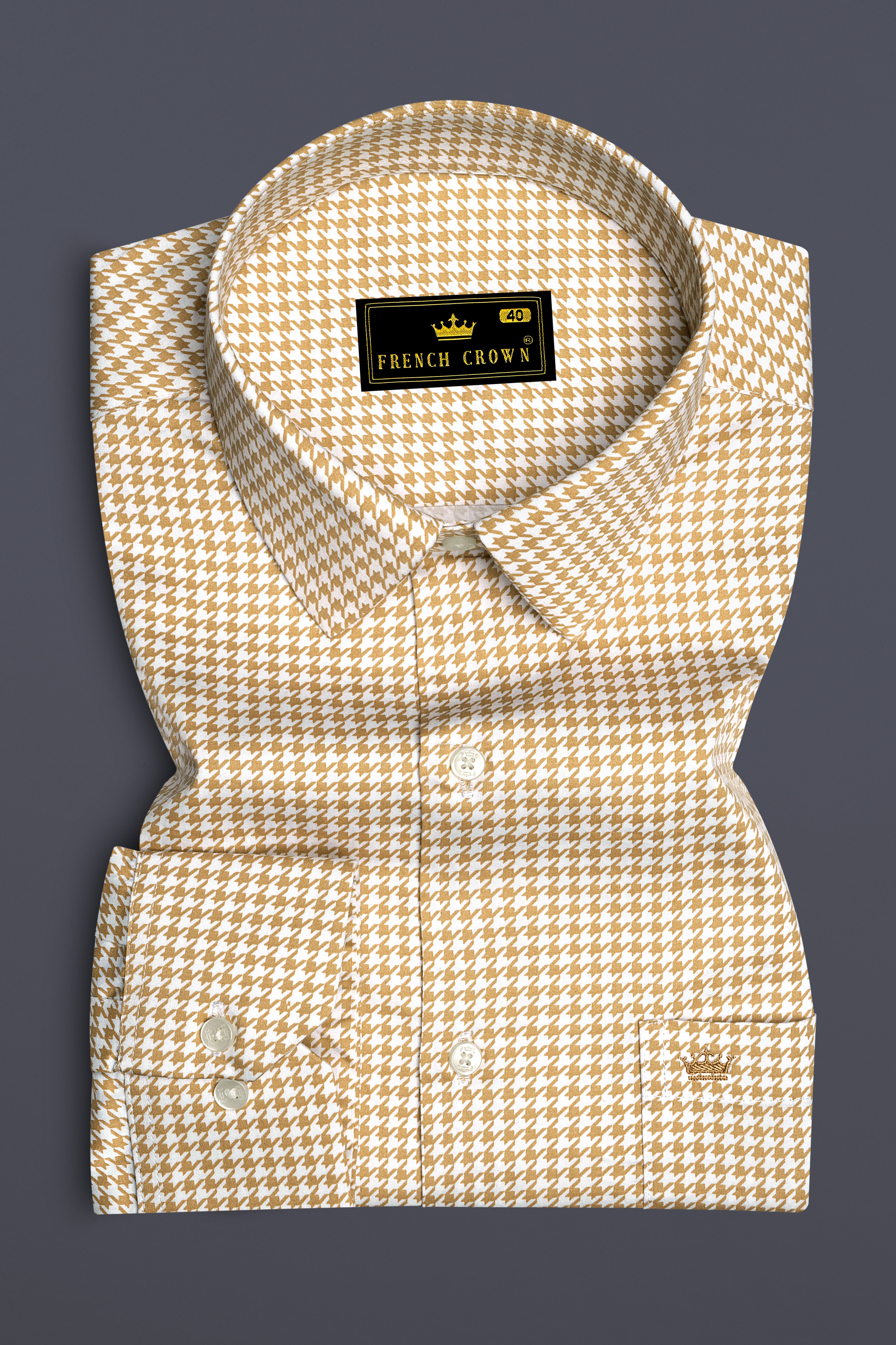 Rustiq-Barley Brown And Bright White Houndstooth Printed Subtle Sheen Super Soft Premium Cotton Dress Shirt