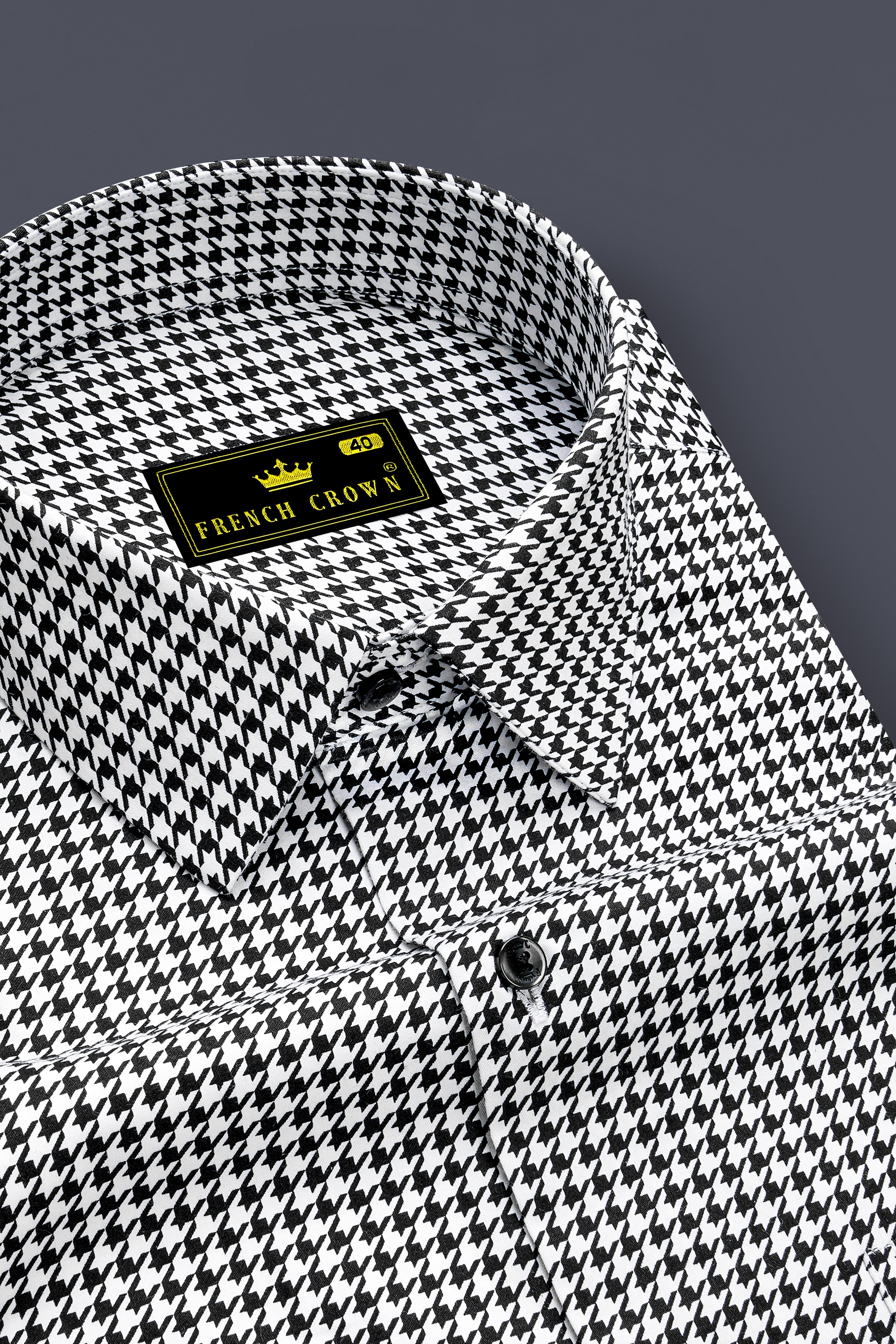 Regalis-Jade Black And Bright White Houndstooth Printed Subtle Sheen Super Soft Premium Cotton Dress Shirt