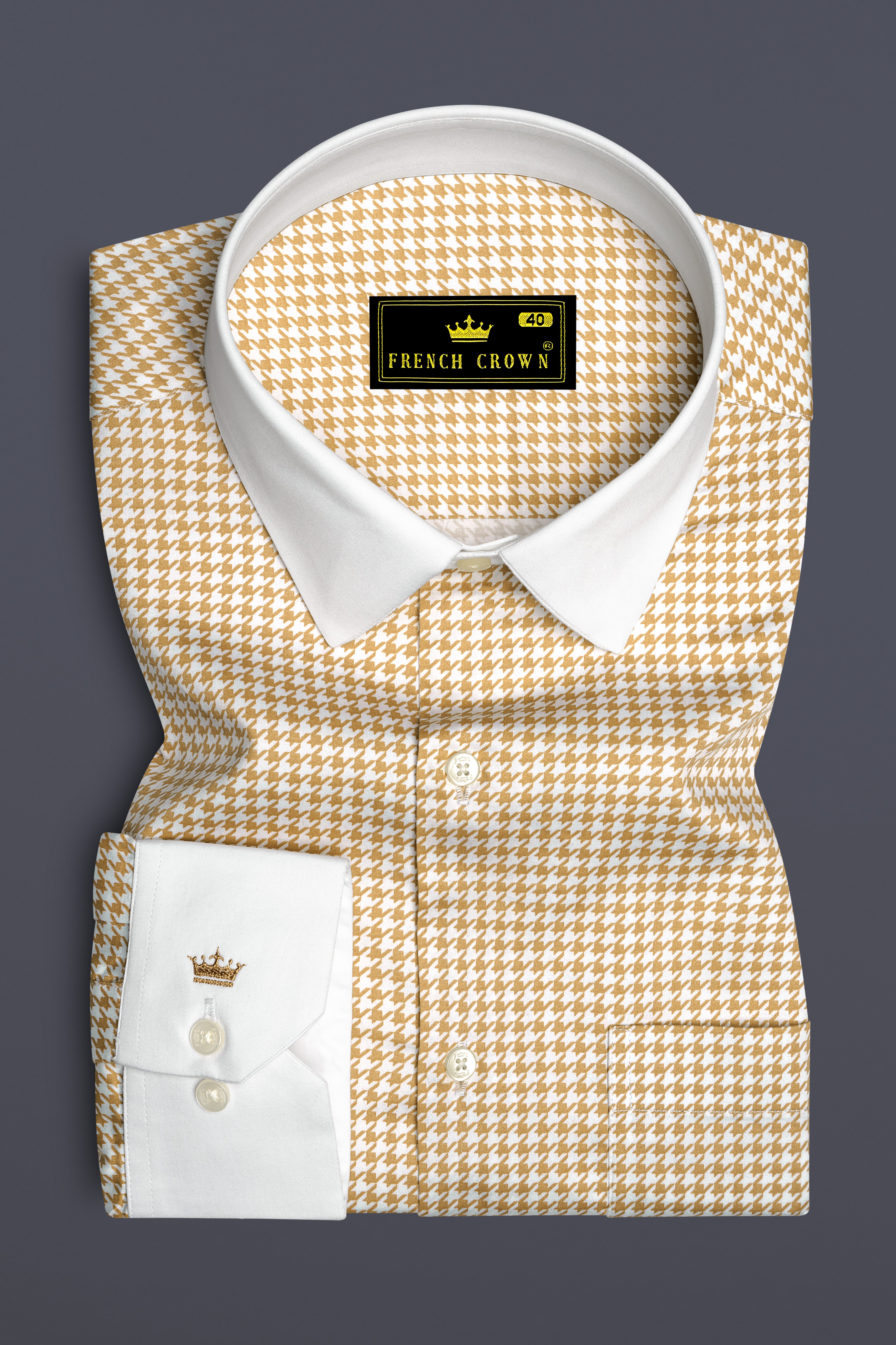 Rustiq-Barley Brown And Bright White Houndstooth Printed Super Soft Premium Cotton Dress White Cuff Collar Shirt