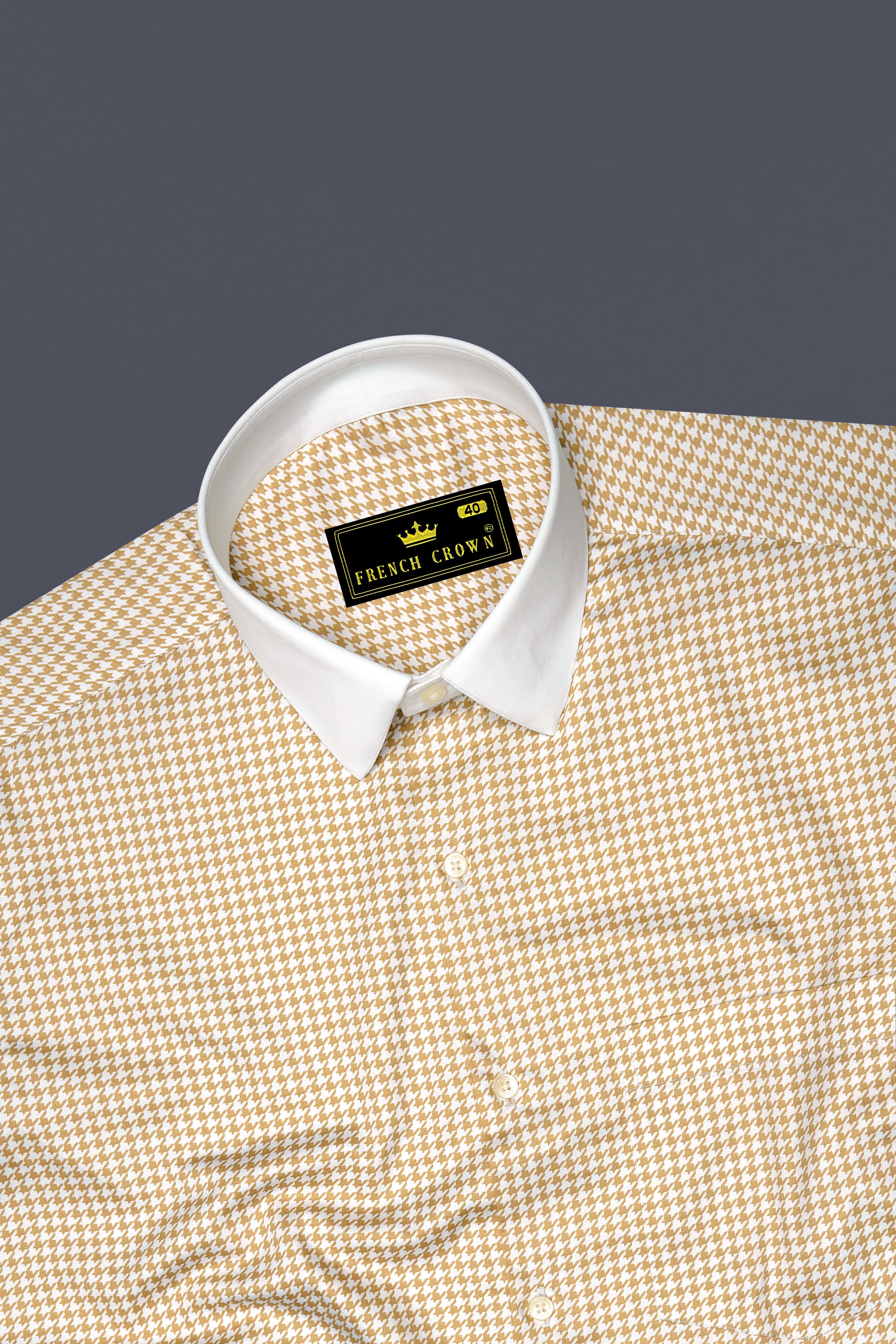 Rustiq-Barley Brown And Bright White Houndstooth Printed Super Soft Premium Cotton Dress White Cuff Collar Shirt