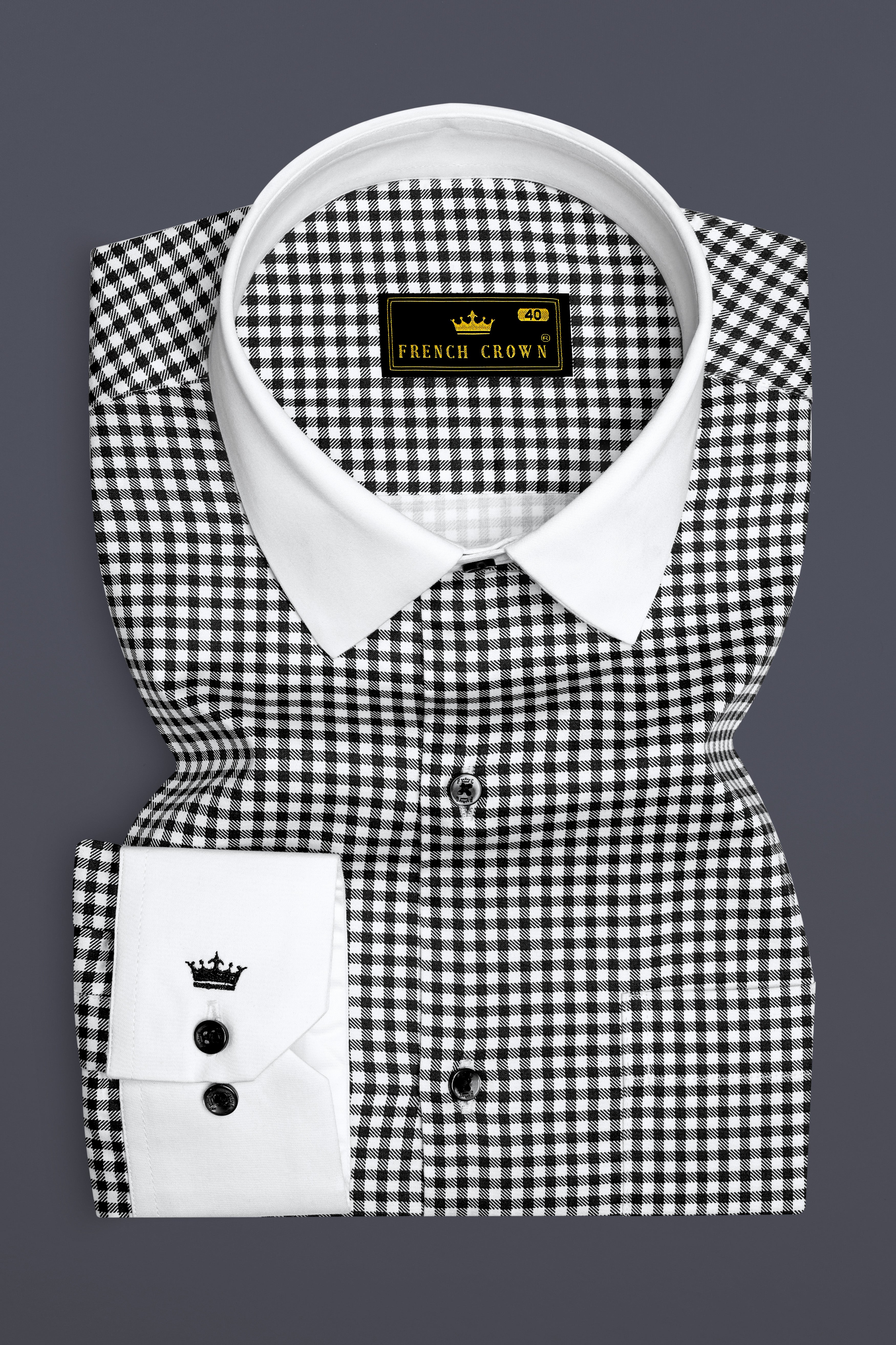 Regalis-Jade Black And Bright White Gingham Plaid Super Soft Premium Cotton Dress White Cuff Collar Shirt