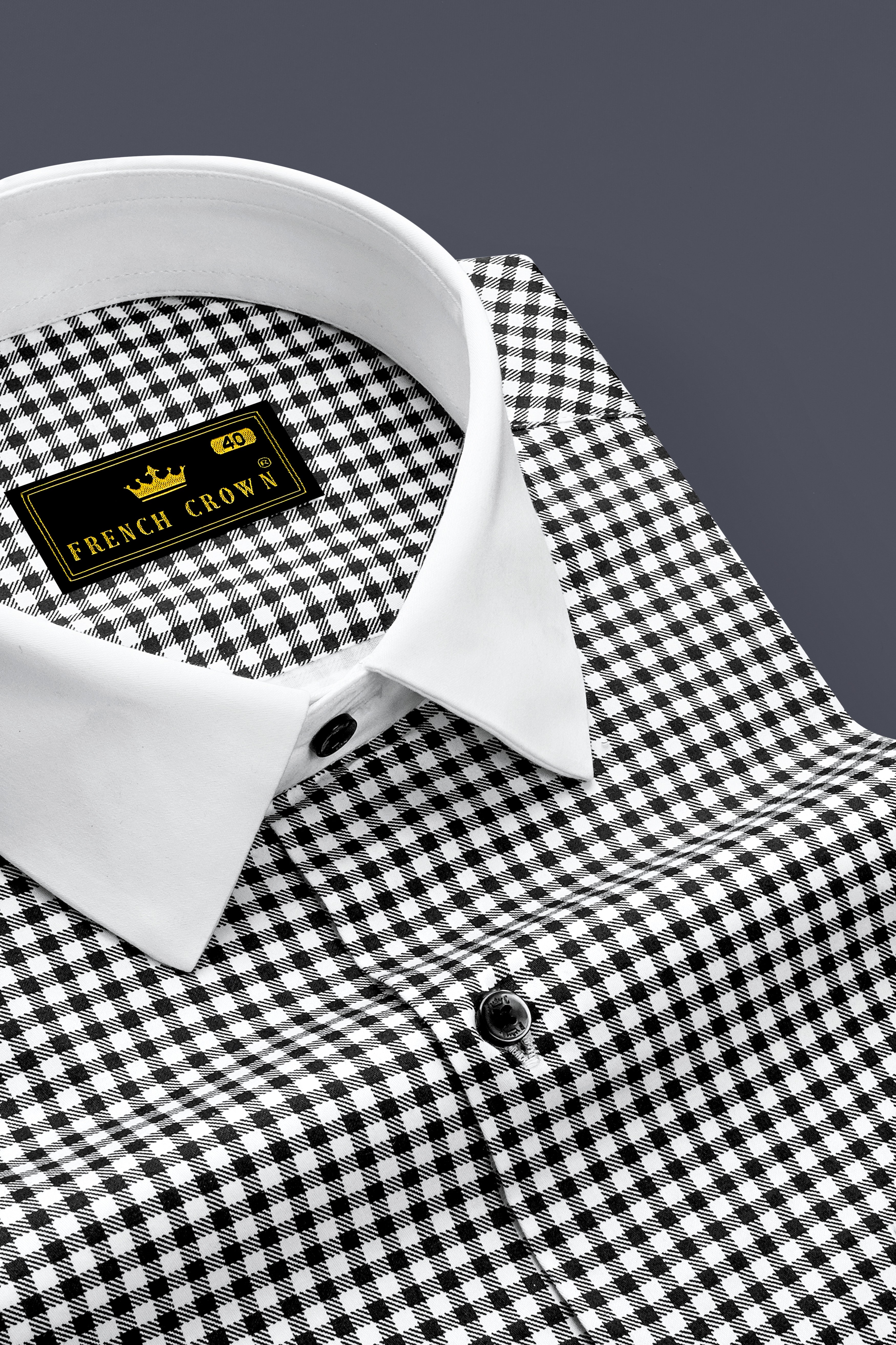 Regalis-Jade Black And Bright White Gingham Plaid Super Soft Premium Cotton Dress White Cuff Collar Shirt