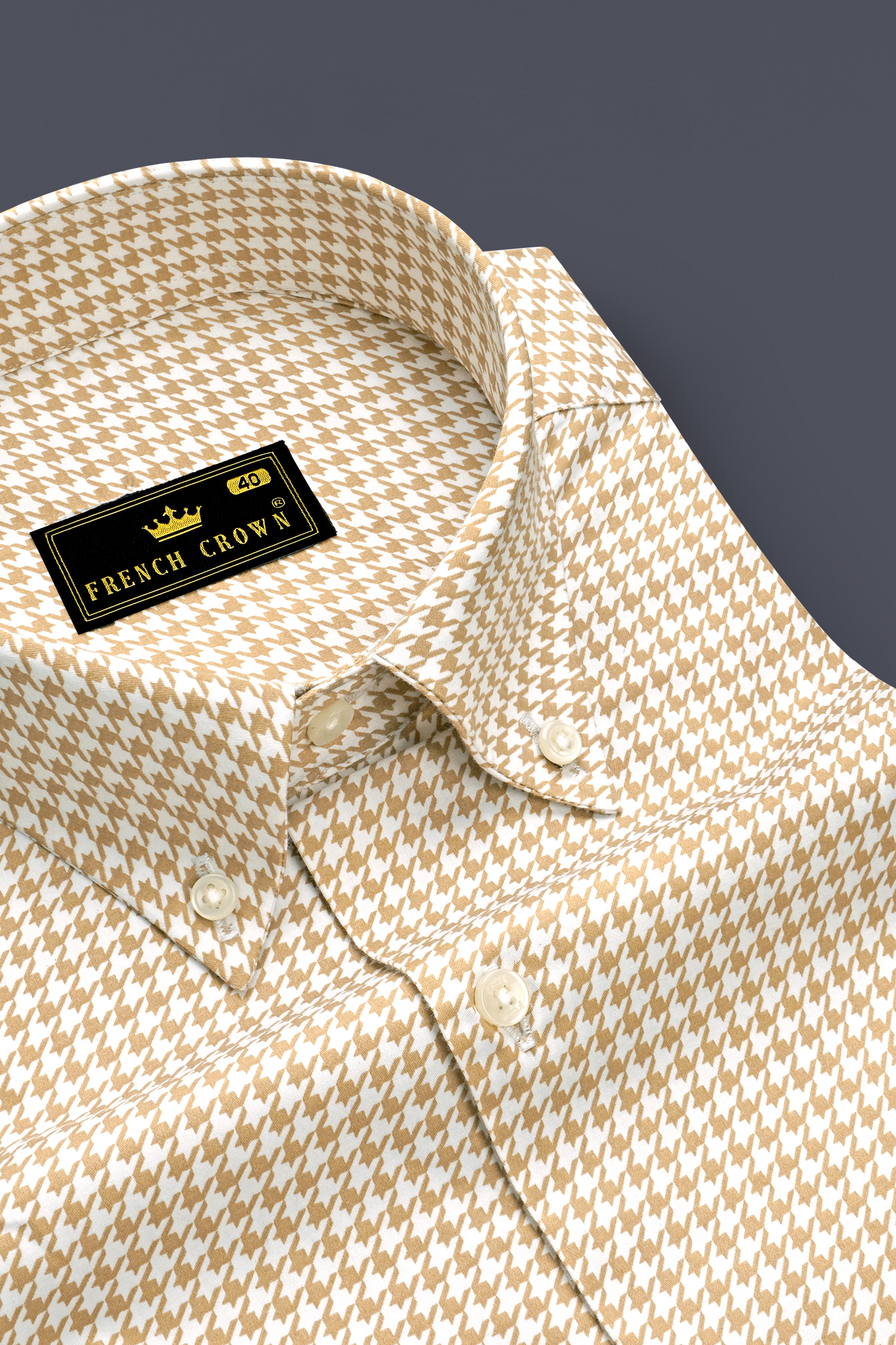 Rustiq-Barley Brown And Bright White Houndstooth Printed Super Soft Premium Cotton Button Down Dress Shirt