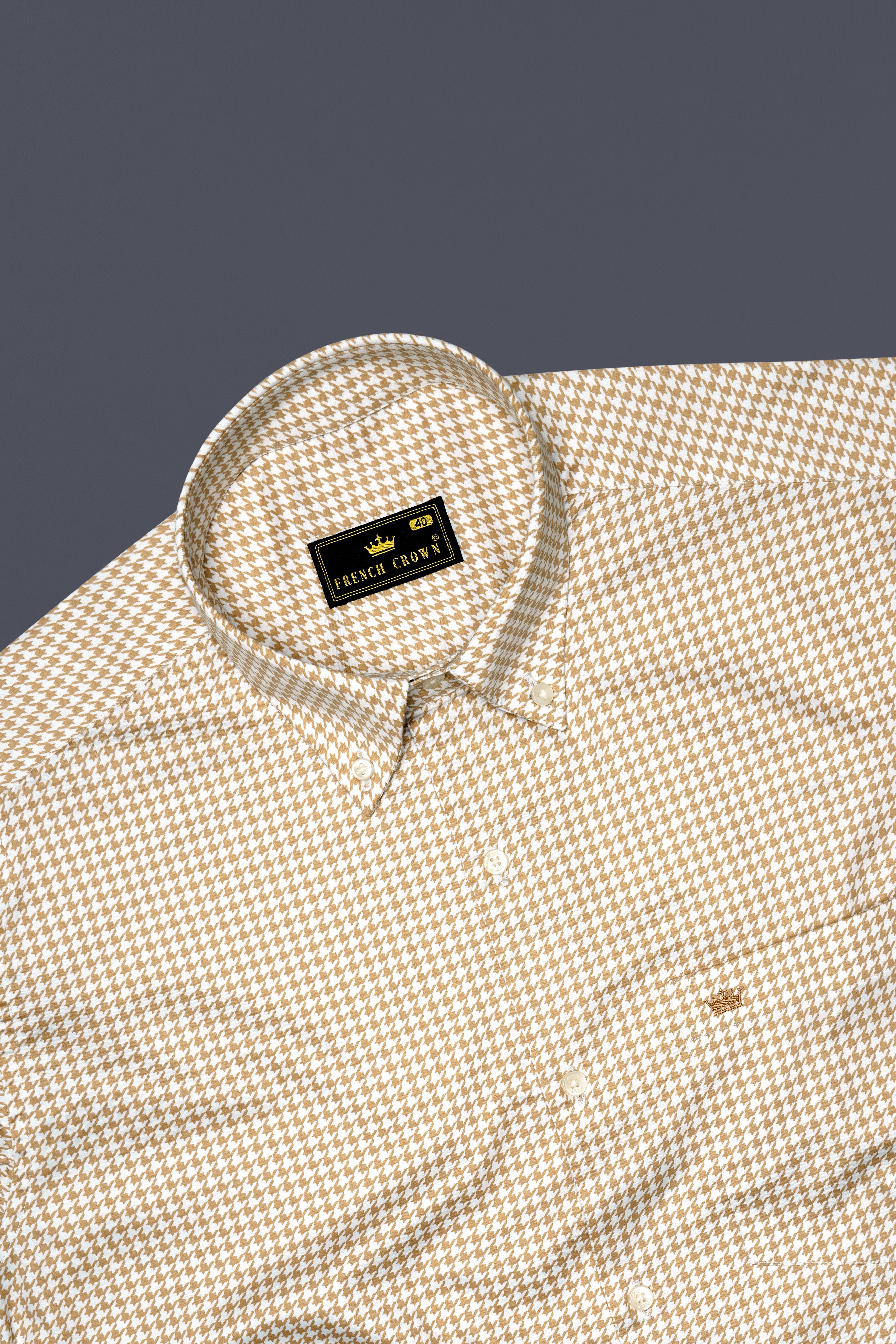 Rustiq-Barley Brown And Bright White Houndstooth Printed Super Soft Premium Cotton Button Down Dress Shirt