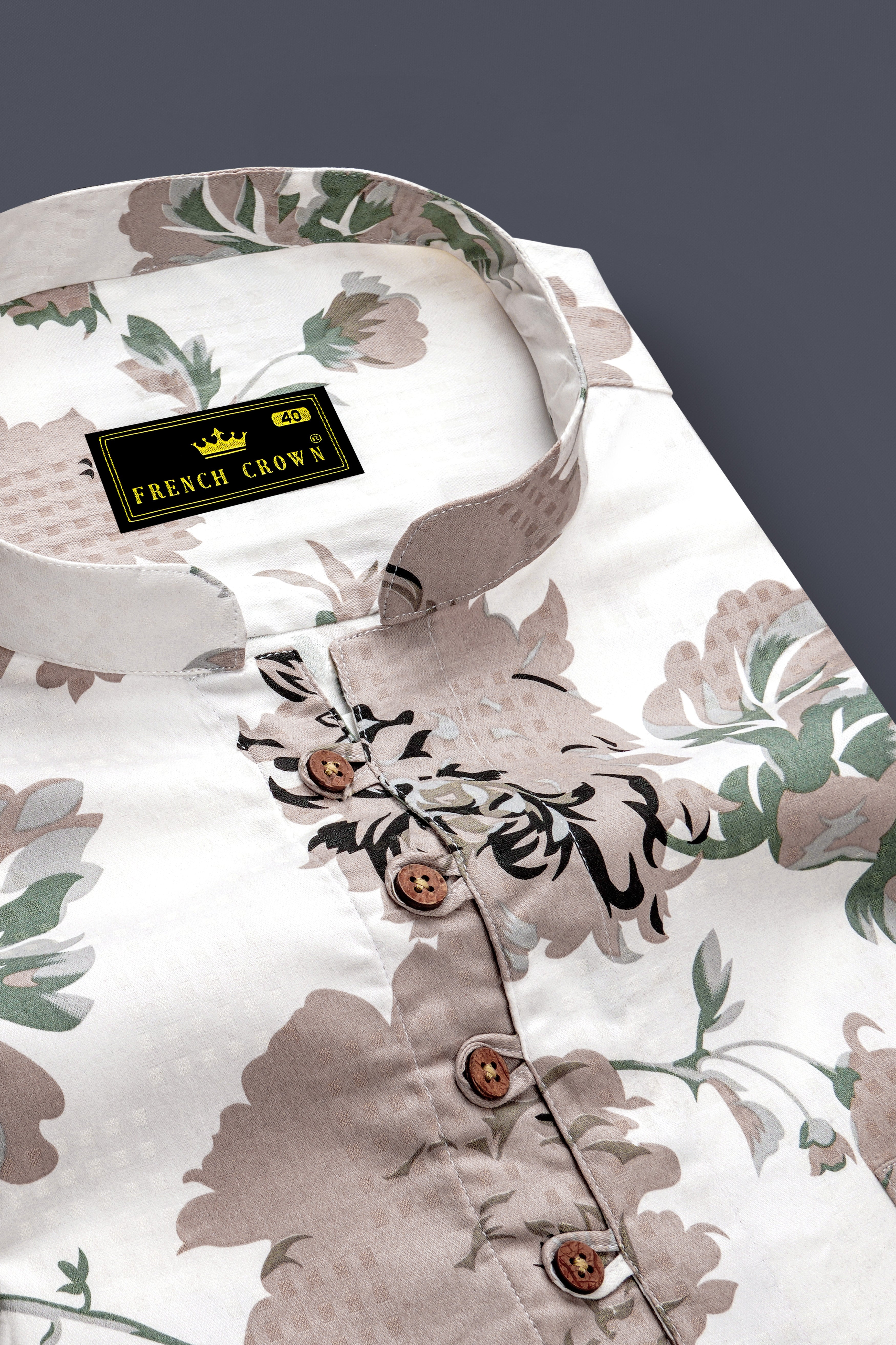 Olvoro-Bright White And Battleship Green Vintage Floral Printed Dobby Premium Giza Cotton Casual Kurta Shirt 14233-KS-38, 14233-KS-H-38, 14233-KS-39, 14233-KS-H-39, 14233-KS-40, 14233-KS-H-40, 14233-KS-42, 14233-KS-H-42, 14233-KS-44, 14233-KS-H-44, 14233-KS-46, 14233-KS-H-46, 14233-KS-48, 14233-KS-H-48, 14233-KS-50, 14233-KS-H-50, 14233-KS-52, 14233-KS-H-52