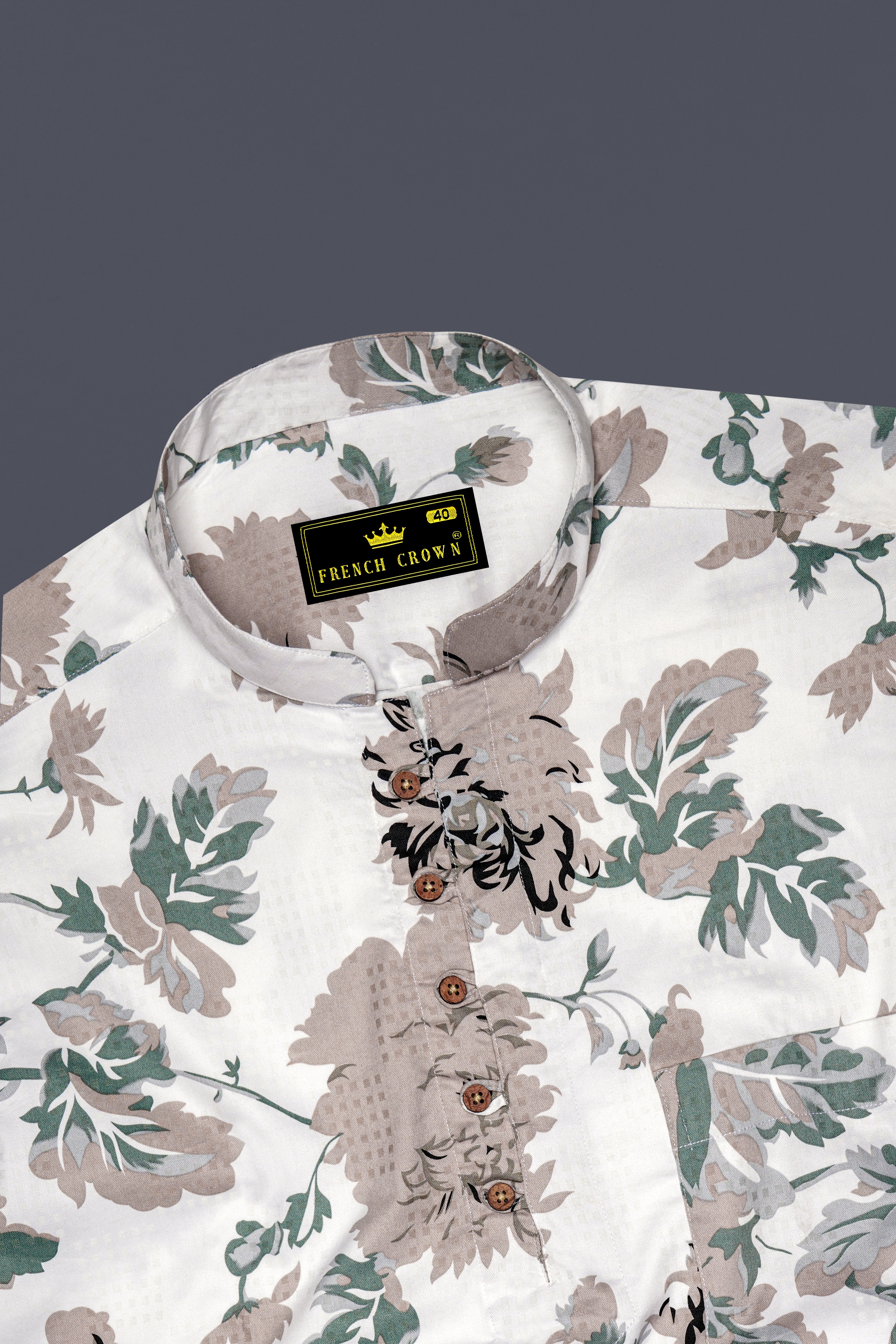 Olvoro-Bright White And Battleship Green Vintage Floral Printed Dobby Premium Giza Cotton Casual Kurta Shirt 14233-KS-38, 14233-KS-H-38, 14233-KS-39, 14233-KS-H-39, 14233-KS-40, 14233-KS-H-40, 14233-KS-42, 14233-KS-H-42, 14233-KS-44, 14233-KS-H-44, 14233-KS-46, 14233-KS-H-46, 14233-KS-48, 14233-KS-H-48, 14233-KS-50, 14233-KS-H-50, 14233-KS-52, 14233-KS-H-52