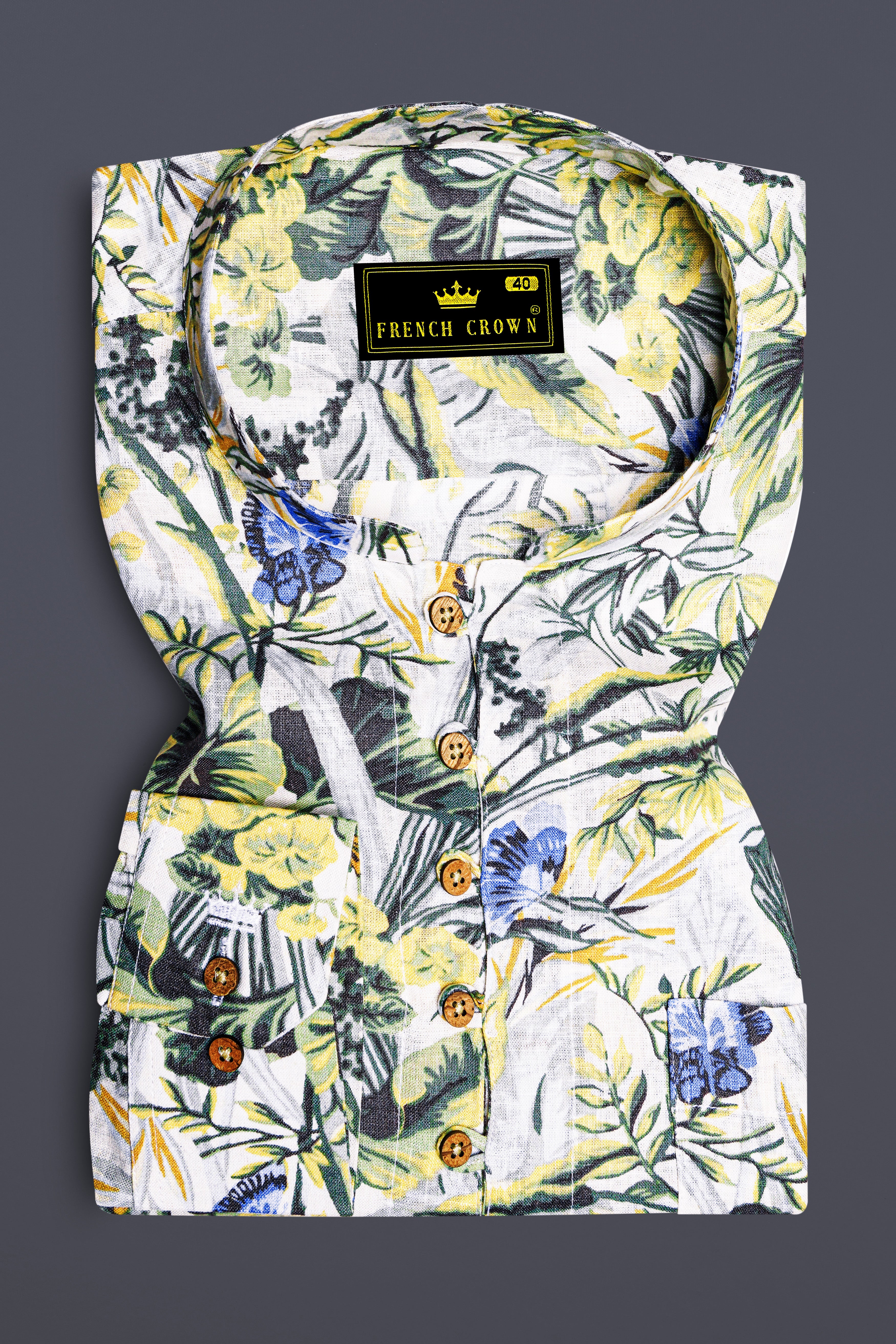 Palmoro-Forest Green And Havelock Blue Tropical Floral Printed Luxurious Linen Casual Kurta Shirt