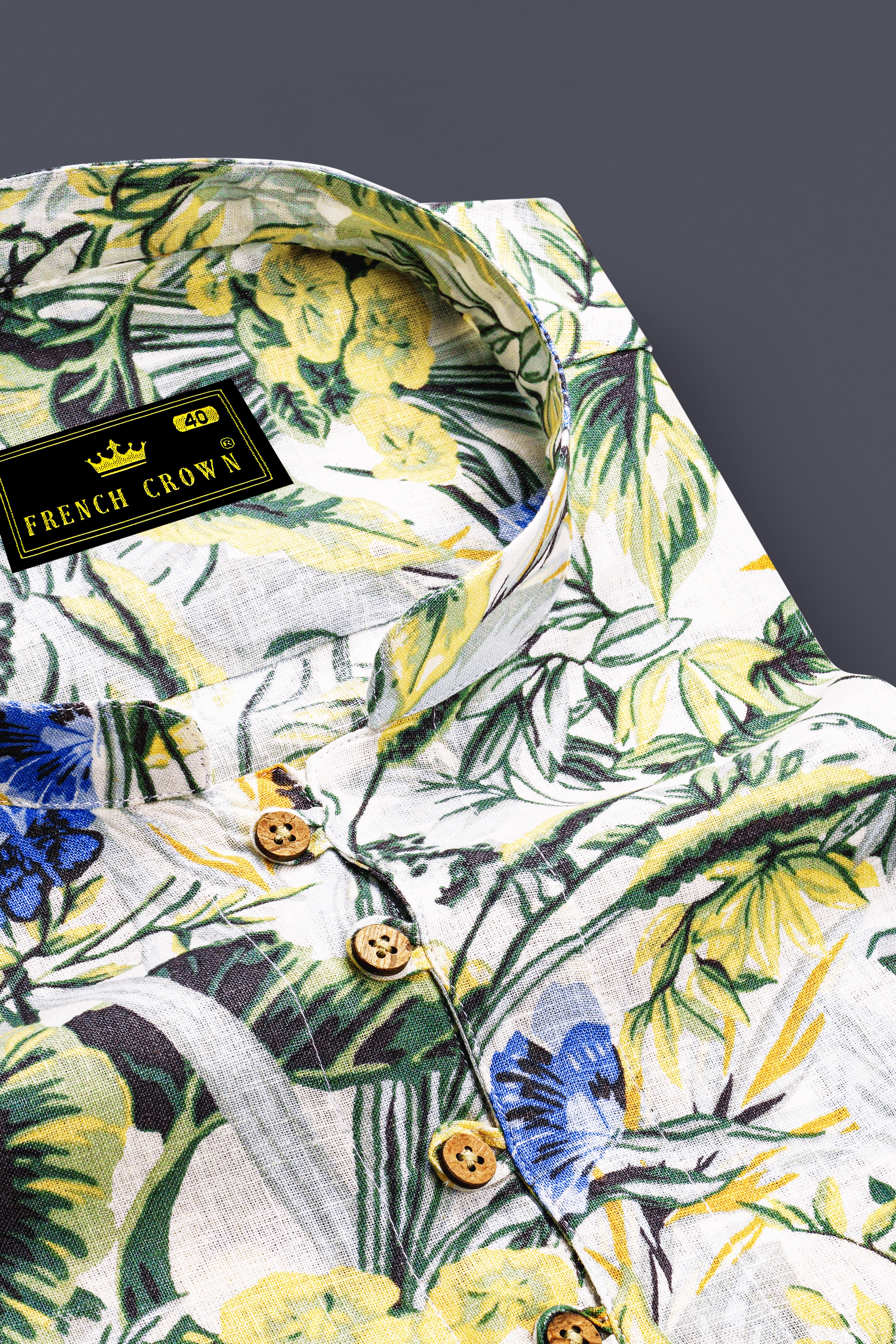 Palmoro-Forest Green And Havelock Blue Tropical Floral Printed Luxurious Linen Casual Kurta Shirt