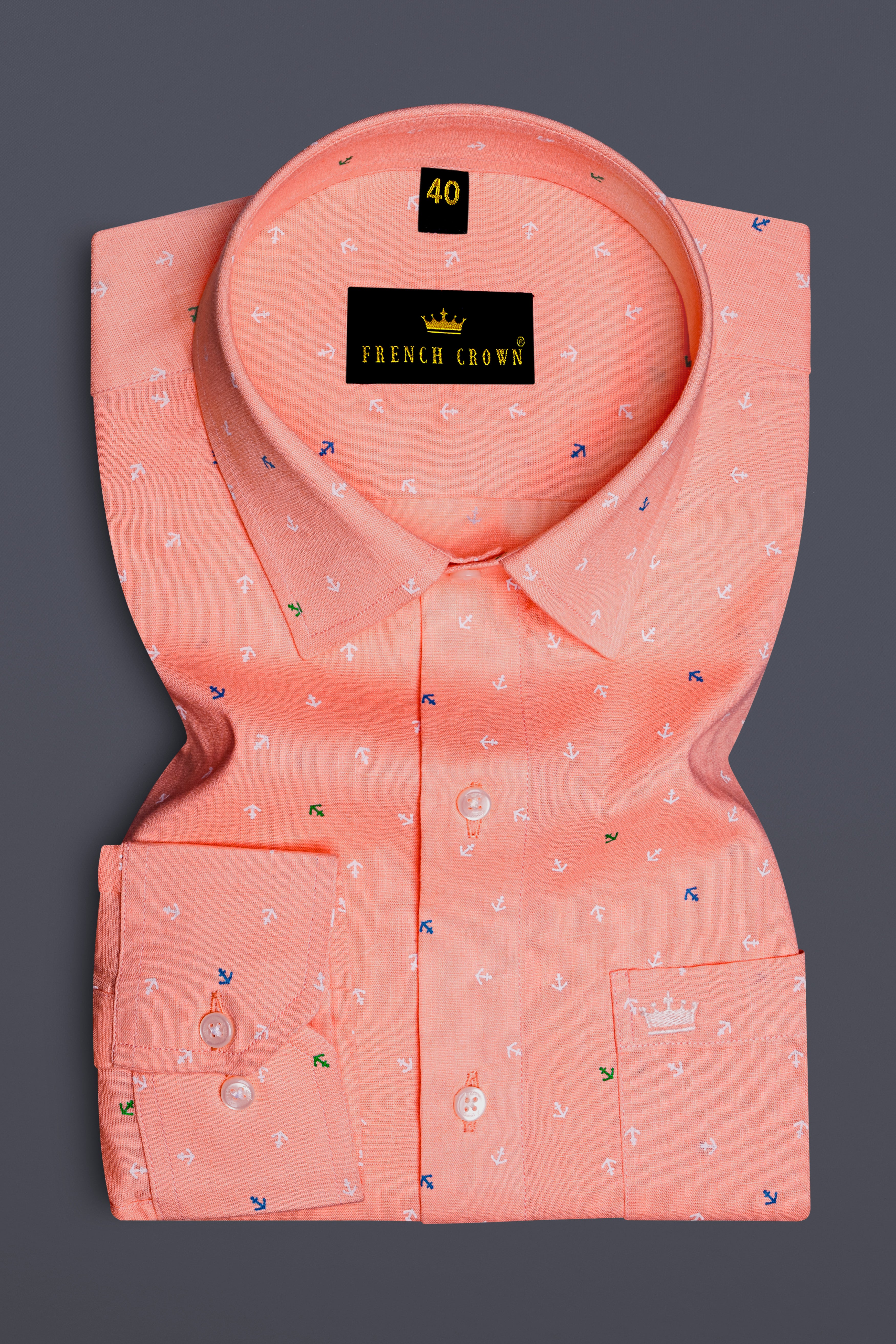 Marivon Tumbleweed Peach Printed Anchor Printed Luxurious Linen Dress Shirt