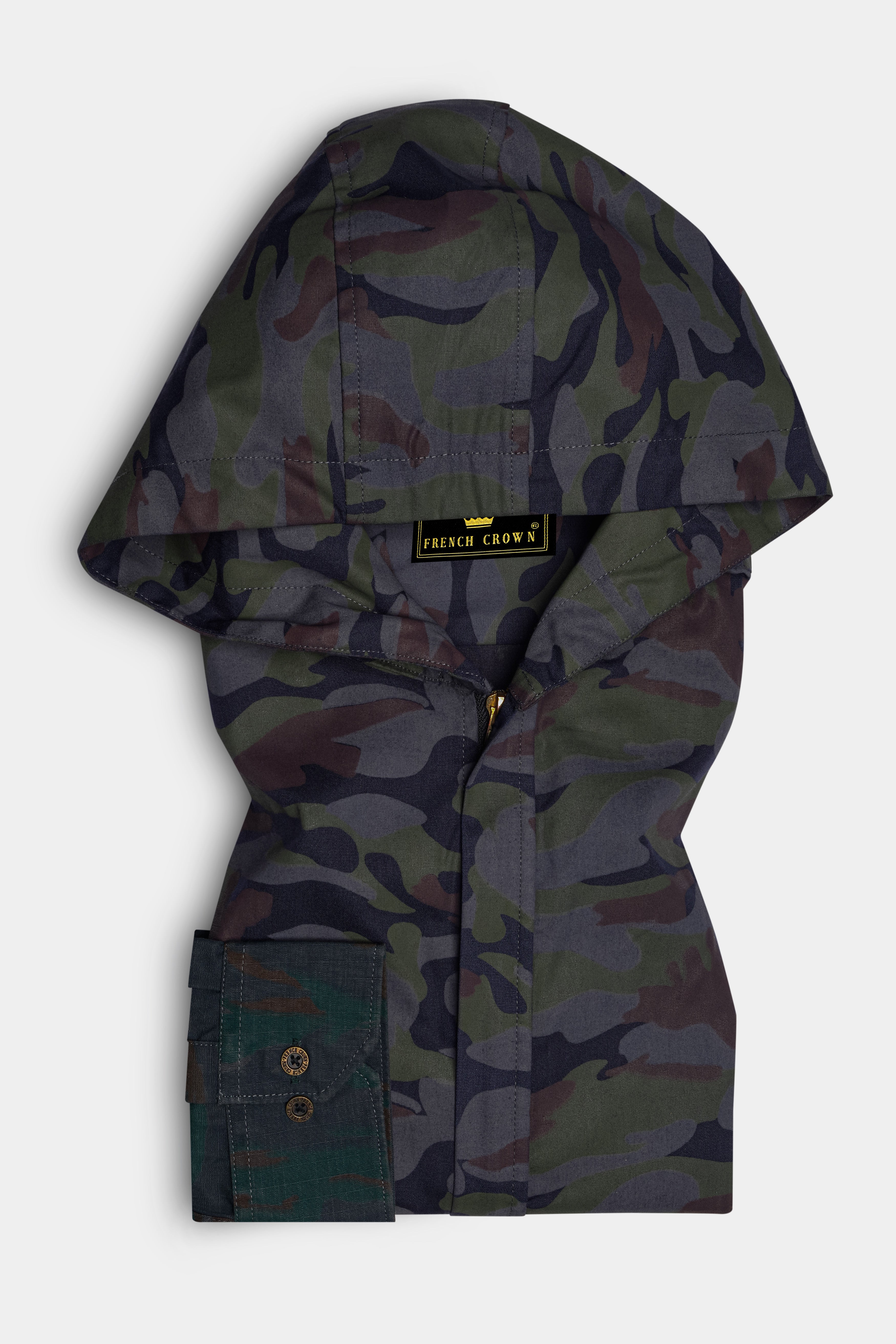 Camoir-Liver Gray And Lunar Green Camouflage Printed Heavyweight Designer Hoodie with Zipper Closure