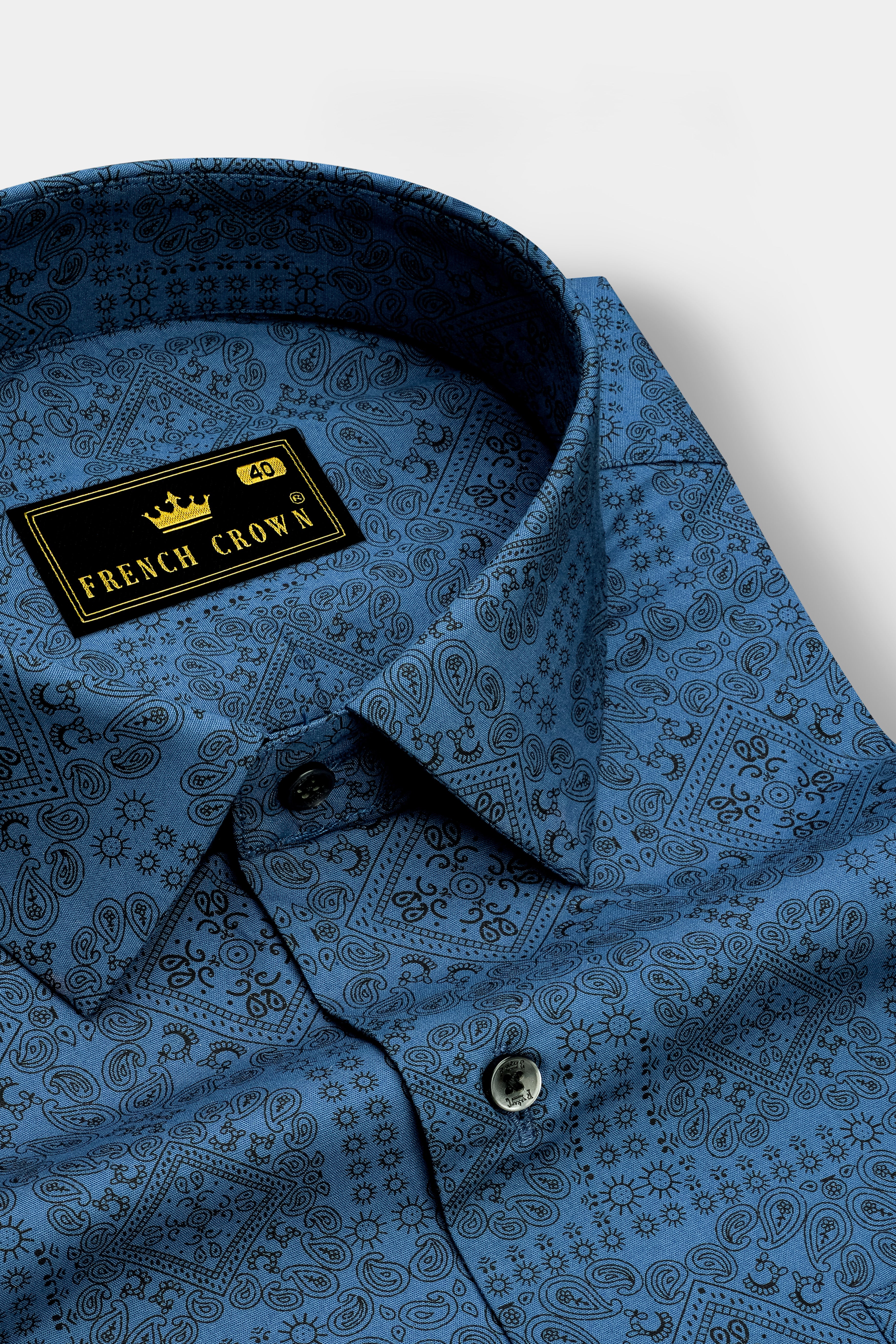 Azuron-Metallic Blue And Jade Black Paisley Printed Super Soft Premium Giza Cotton Casual Shirt