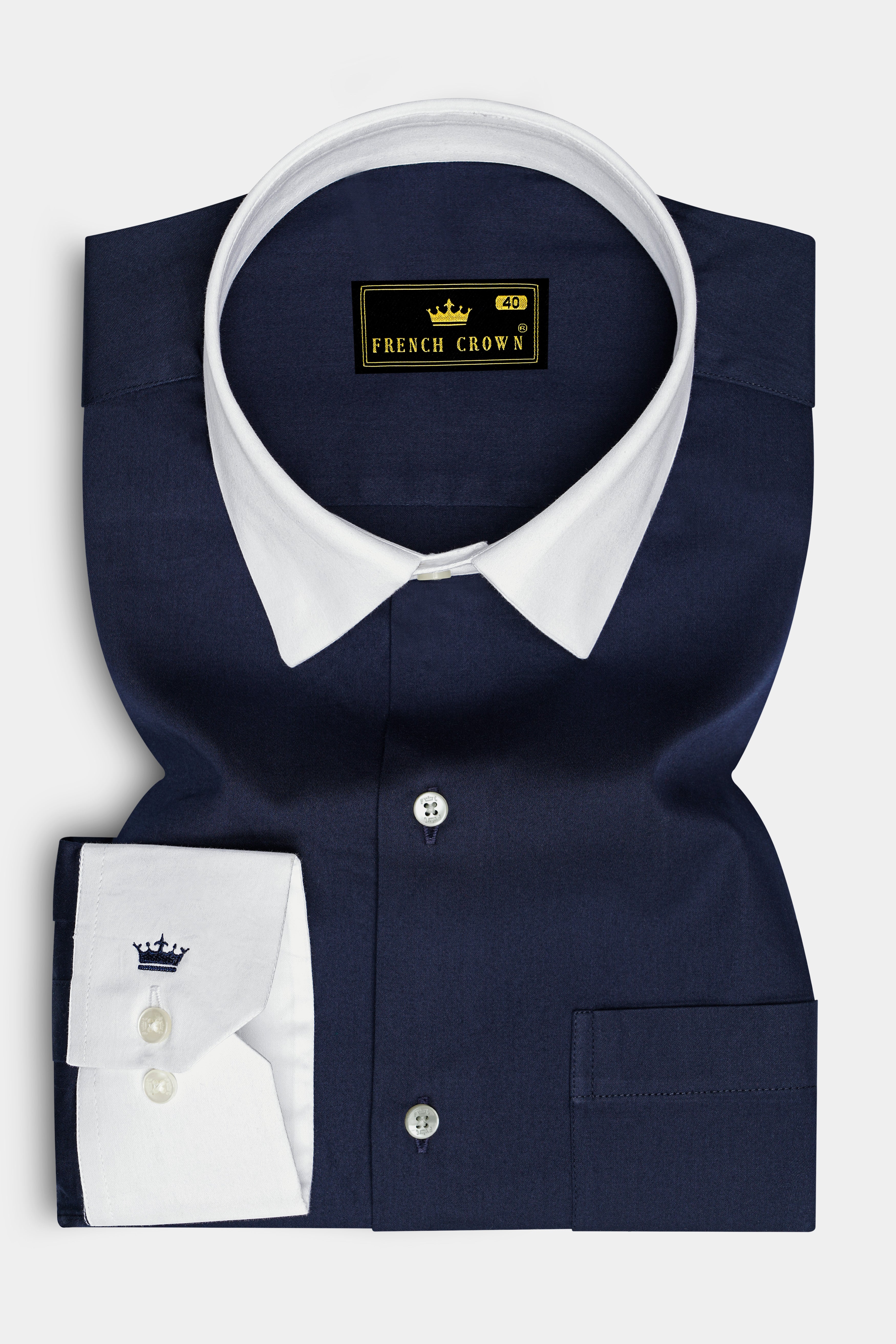 Bleunoir-Midnight Blue Subtle Sheen Super Soft Premium White Cuff Collar Dress Shirt