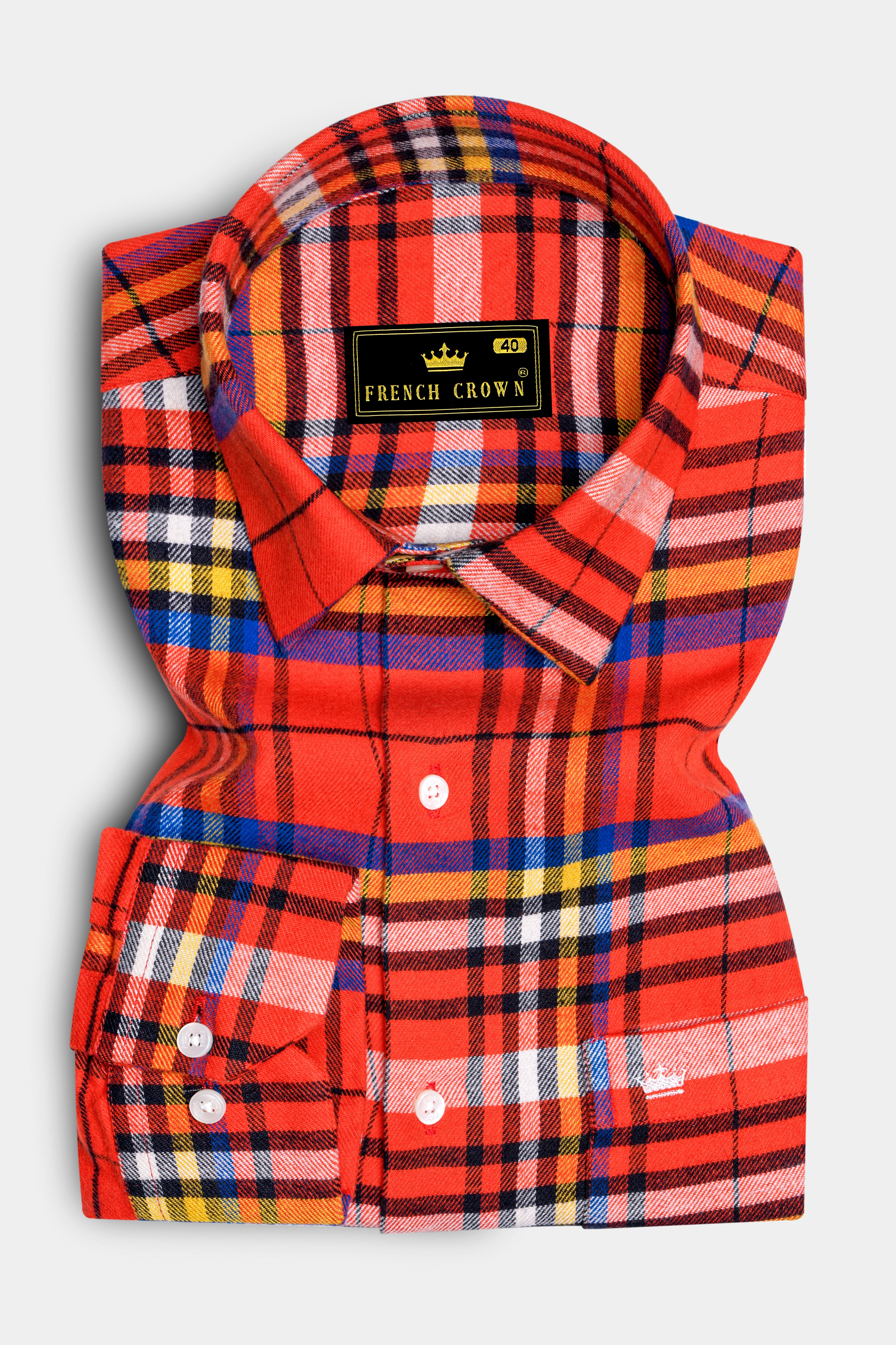 Orvante-Vermillion Orange Plaid Flannel Premium Cotton Casual Shirt