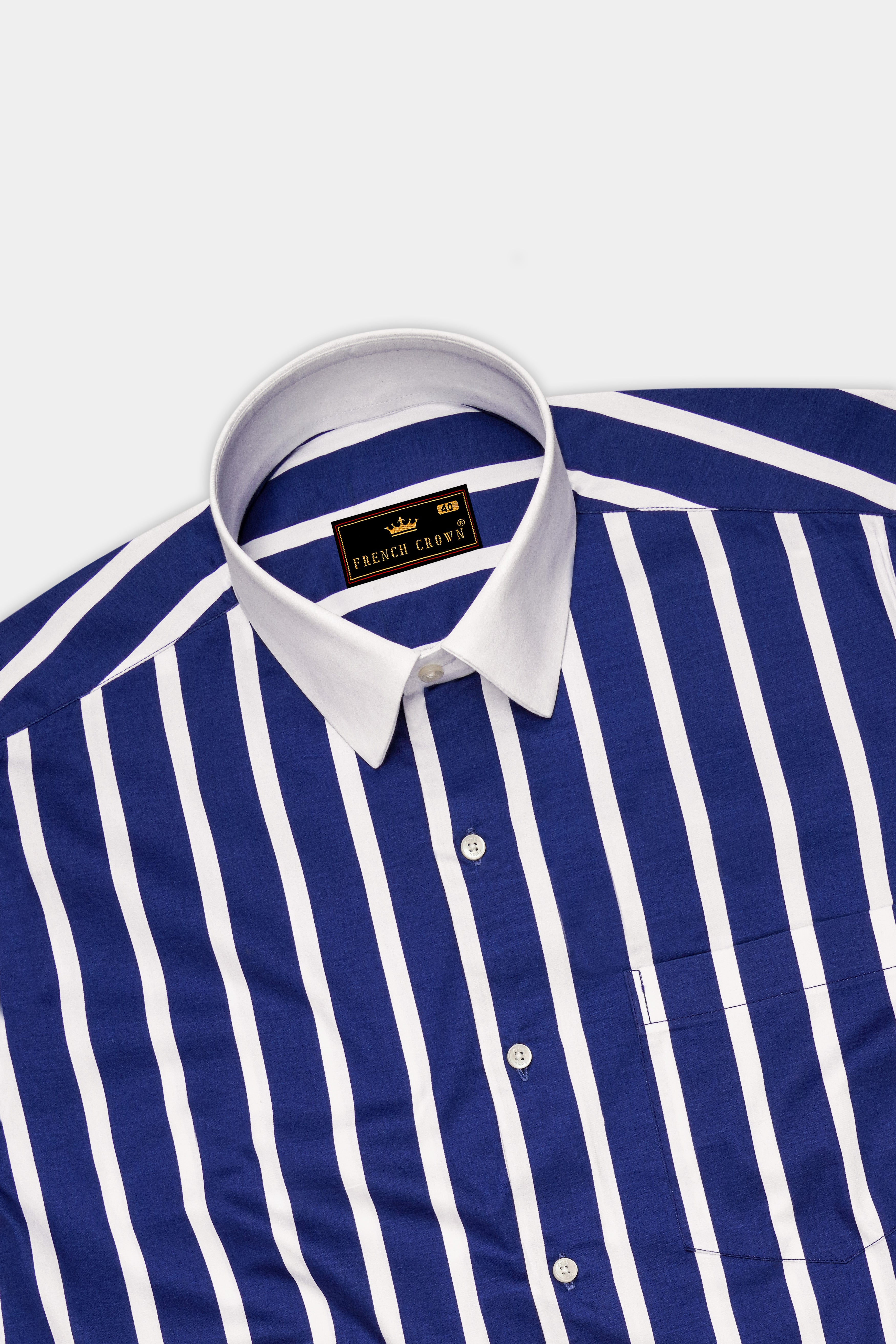 Marivon-Chambray Blue And Bright White Awning Striped Super Soft Premium Cotton Dress White Cuff Collar Shirt
