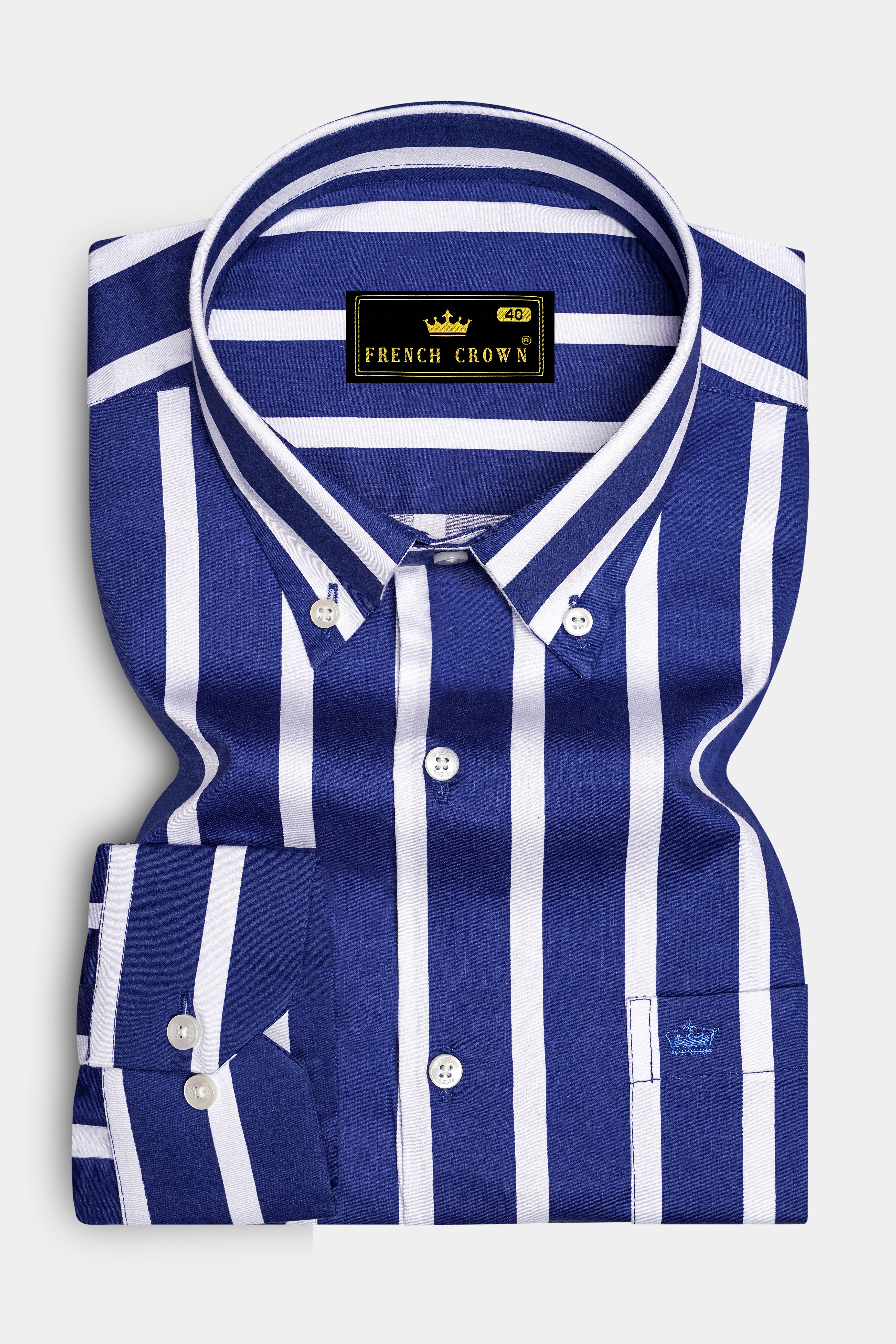 Marivon-Chambray Blue And Bright White Awning Striped Super Soft Premium Cotton Button Down Collar Dress Shirt