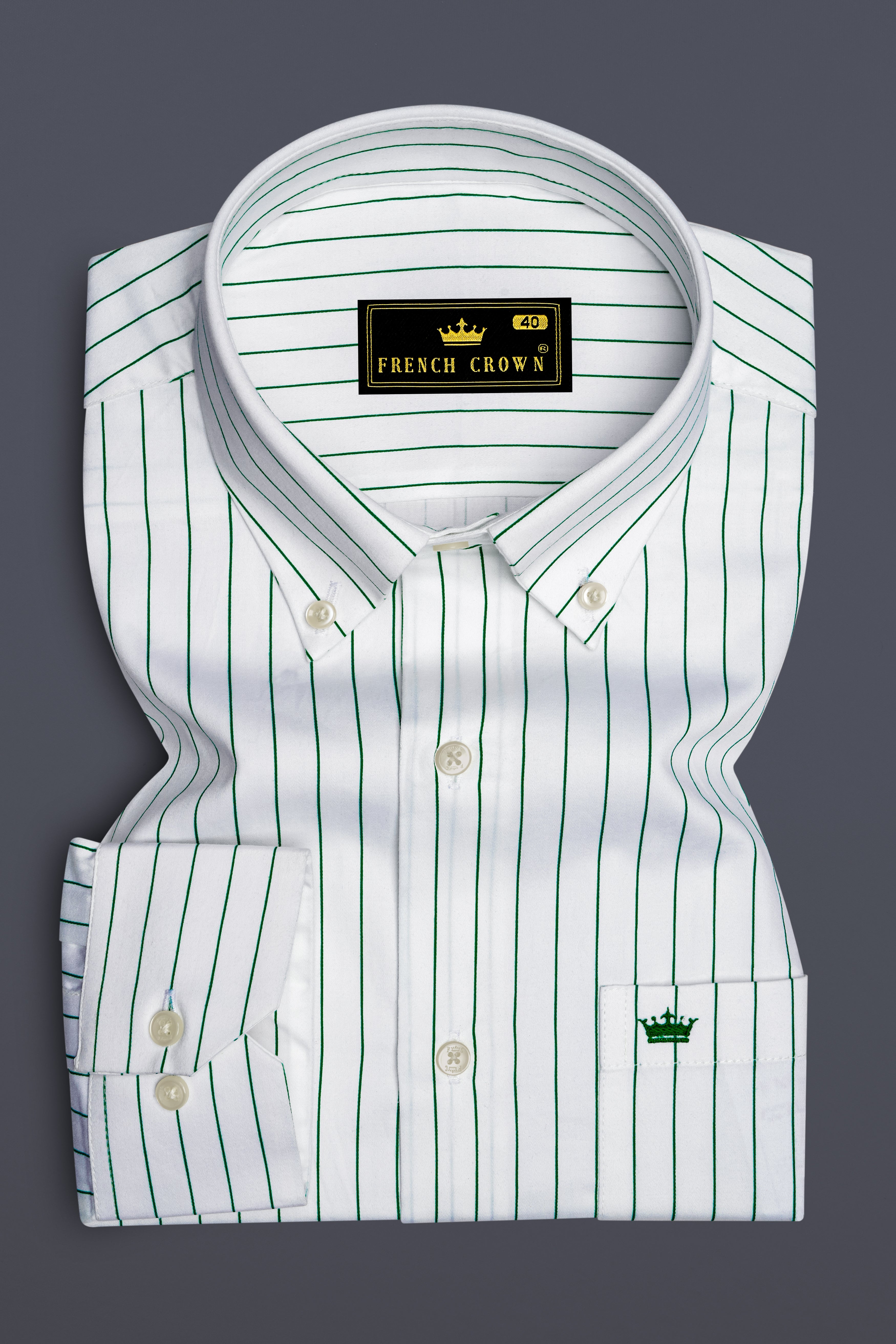 Verdoro-Bright White And Camarone Green Pin Striped Subtle Sheen Super Soft Premium Cotton Button Down Collar Dress Shirt