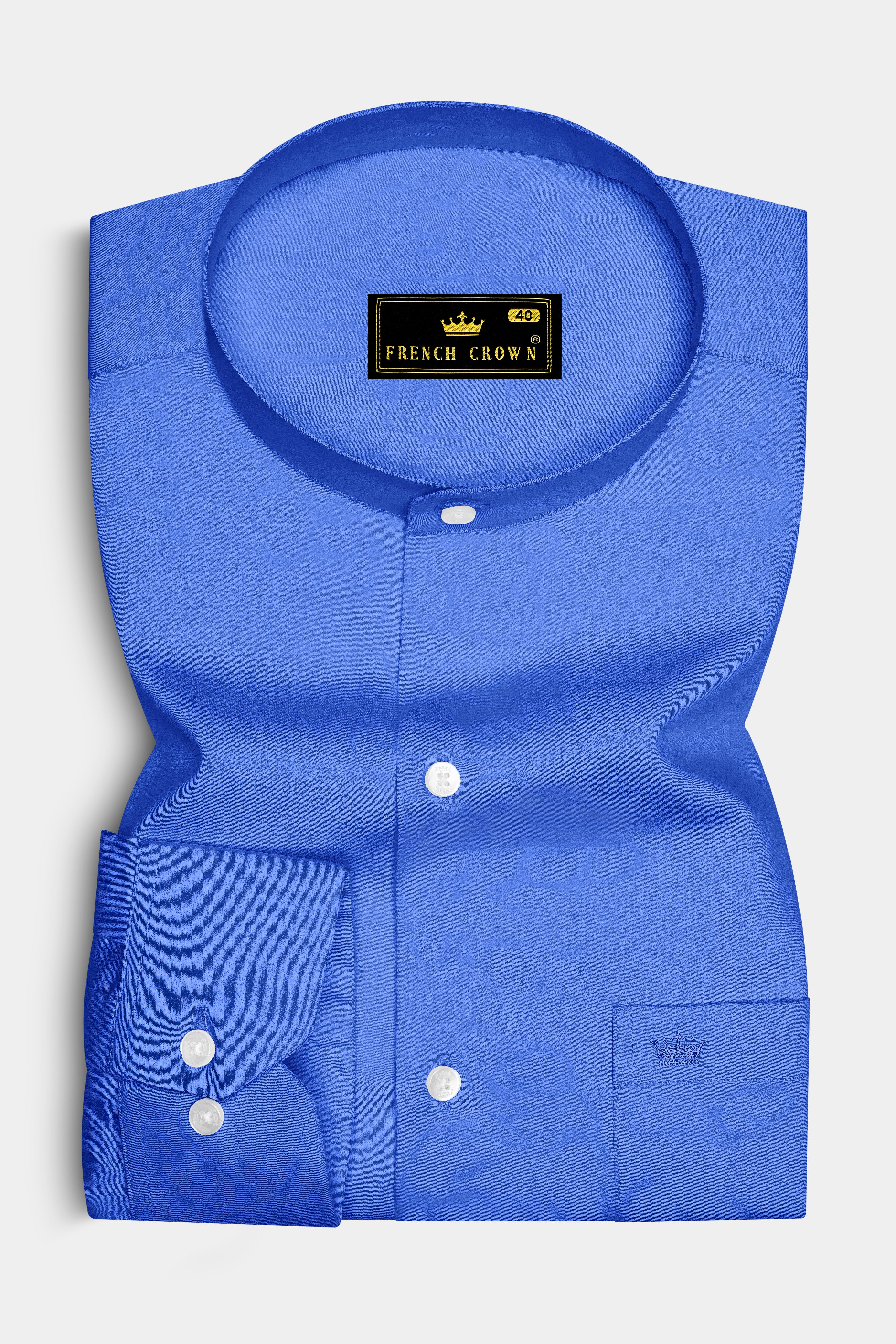 Azurion-Mariner Blue Subtle Sheen Super Soft Premium Cotton Mandarin Dress Shirt