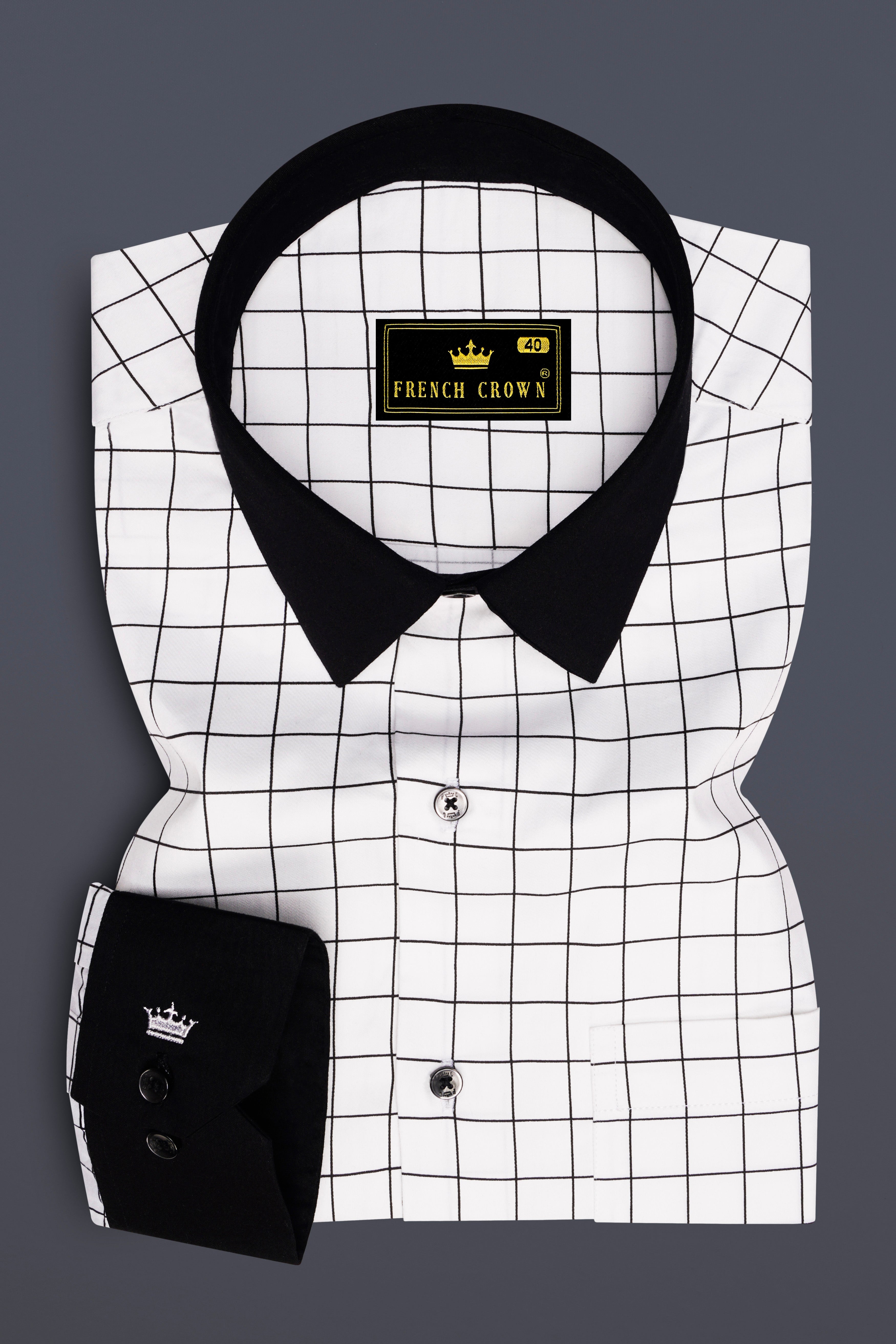 Panoro-Bright White And Jade Black Windowpane Subtle Sheen Super Soft Premium Cotton Dress Black Cuff Collar Shirt