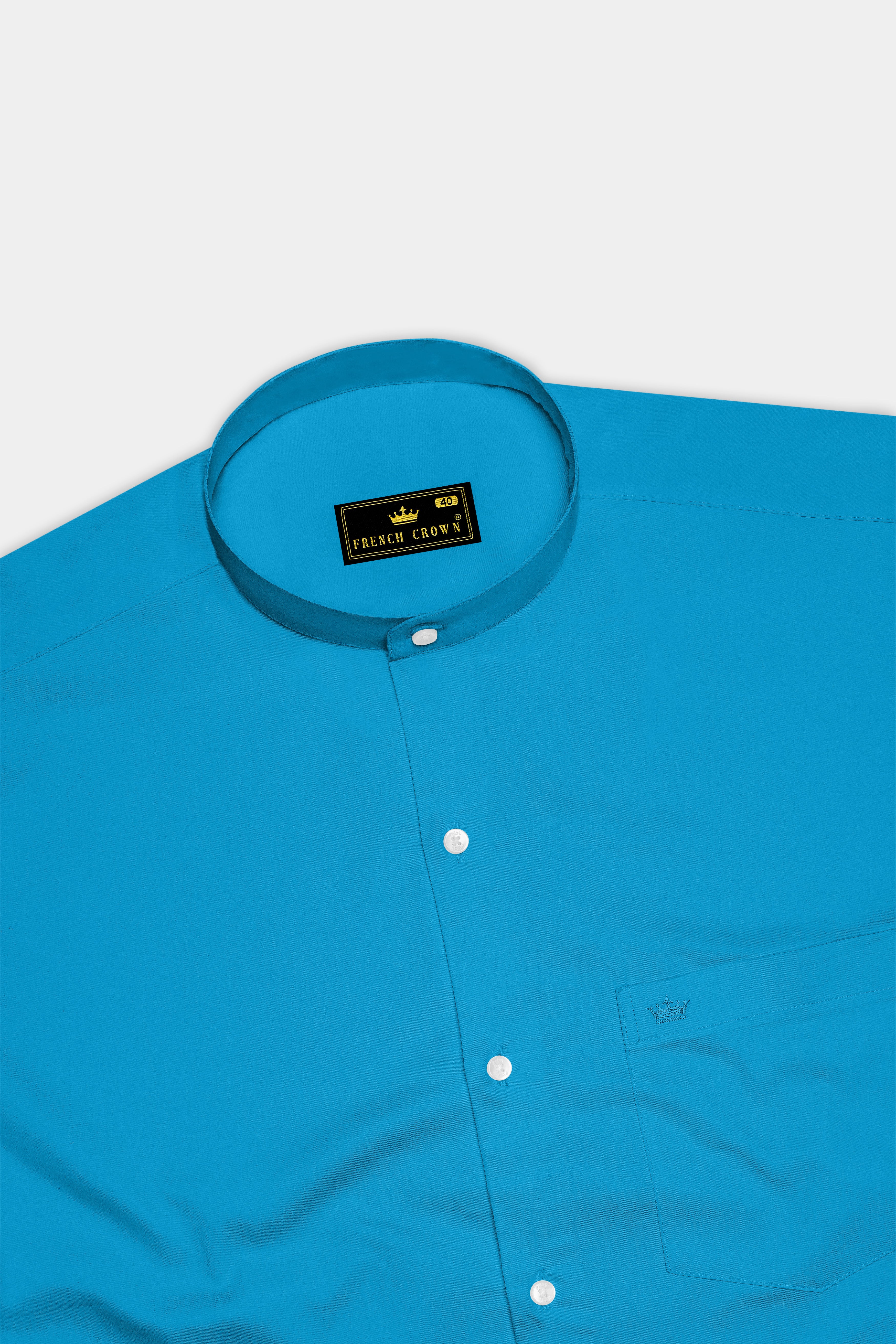 Azurique-Curious Blue Subtle Sheen Super Soft Premium Cotton Mandarin Dress Shirt