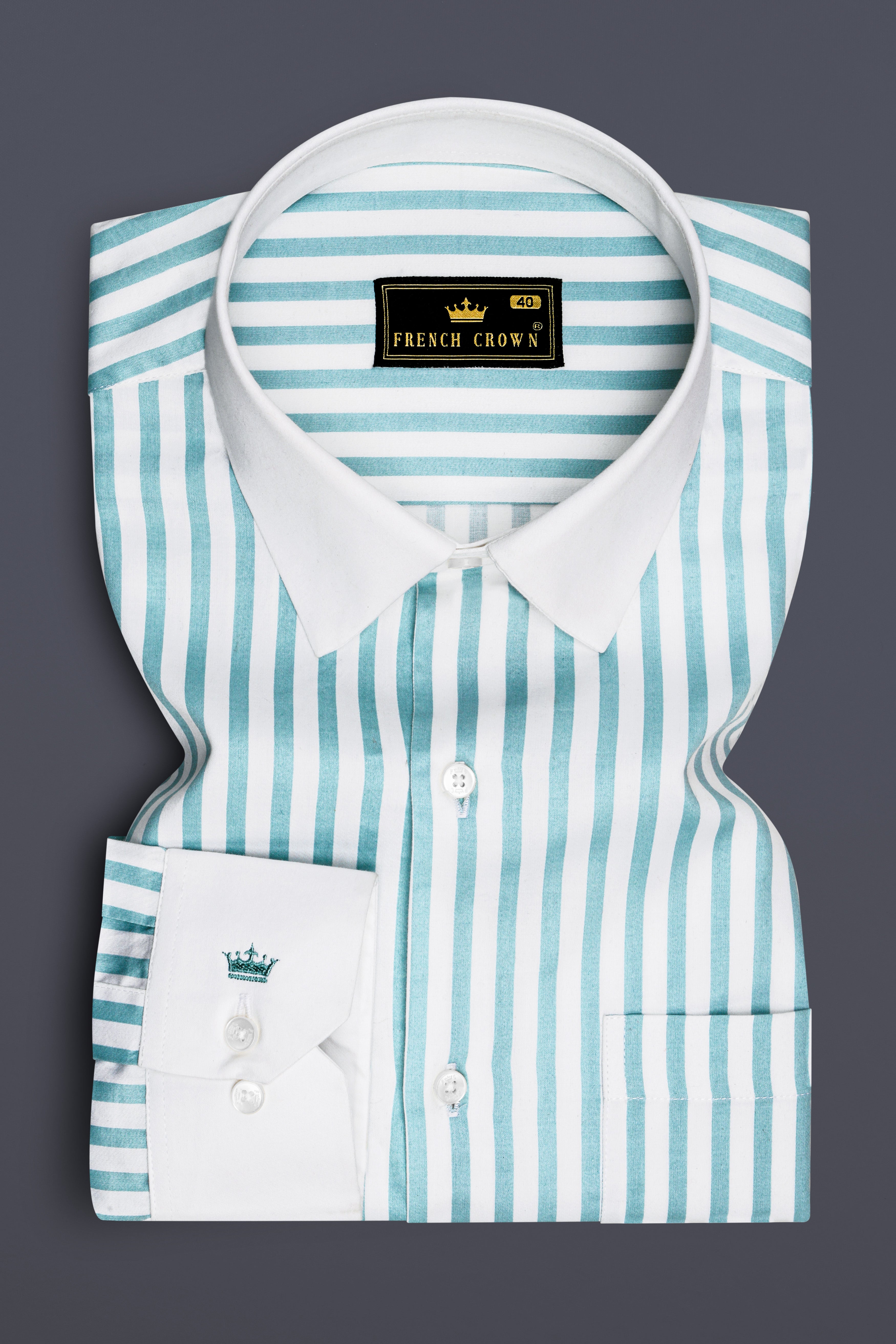 Celestio-Stream Blue And Bright White Candy Striped Super Soft Premium Cotton Dress White Cuff Collar Shirt