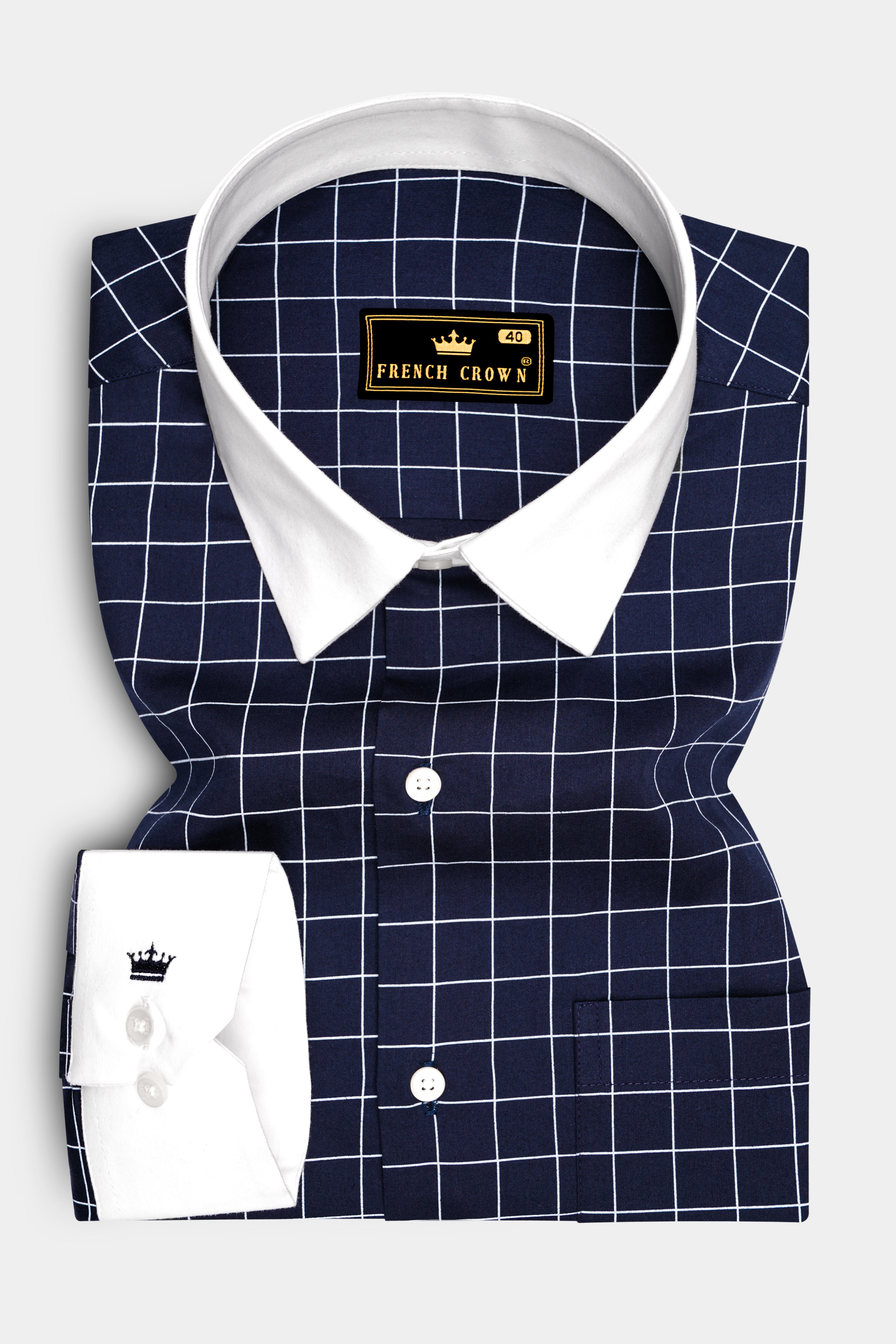 Azure-Mirage Blue And Bright White Windowpane Subtle Sheen Super Soft Premium Cotton Dress White Cuff Collar Shirt