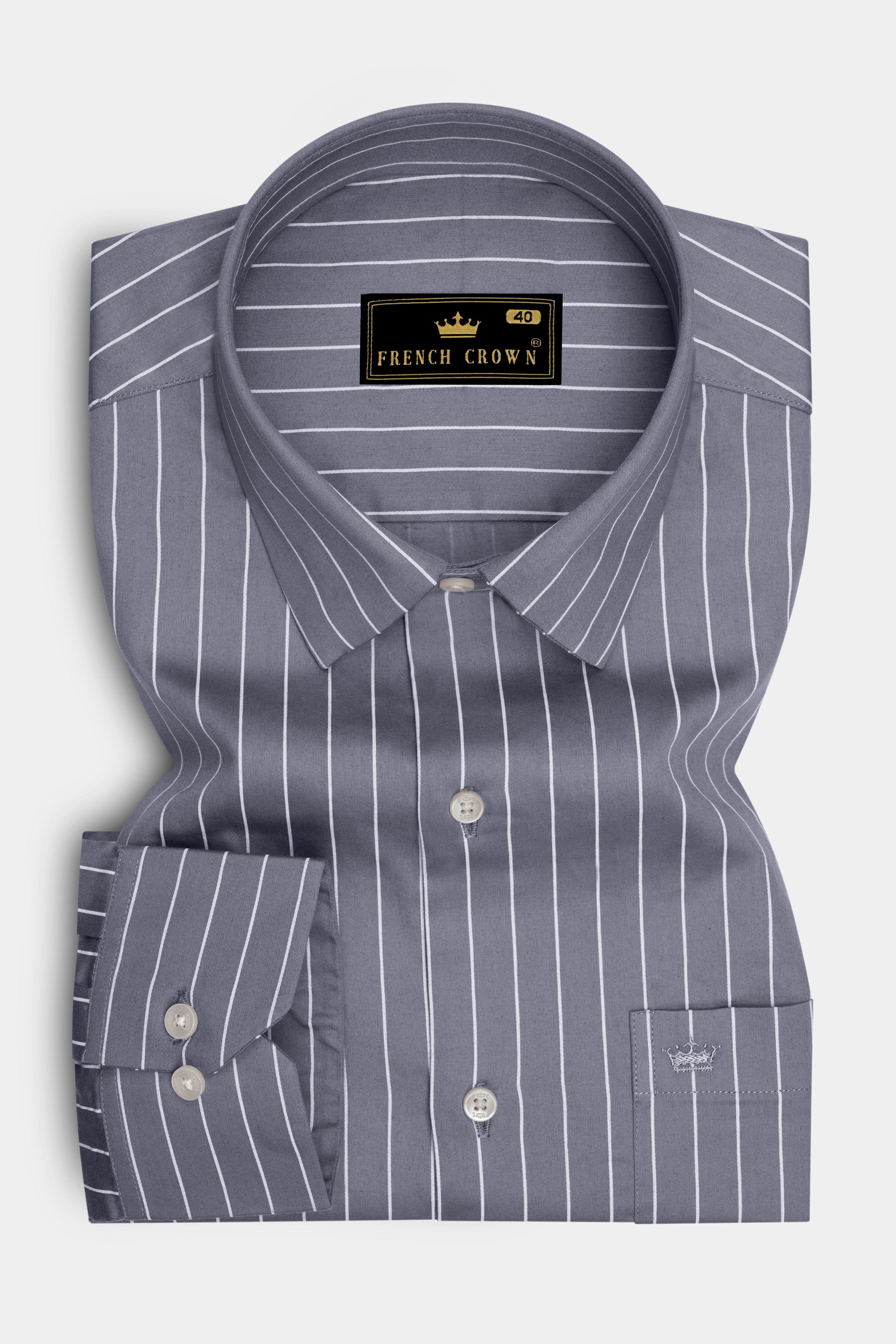 Chrome-Storm Gray And Bright White Pin Striped Subtle Sheen Super Soft Premium Cotton Dress Shirt 14569-38, 14569-H-38, 14569-39, 14569-H-39, 14569-40, 14569-H-40, 14569-42, 14569-H-42, 14569-44, 14569-H-44, 14569-46, 14569-H-46, 14569-48, 14569-H-48, 14569-50, 14569-H-50, 14569-52, 14569-H-52
