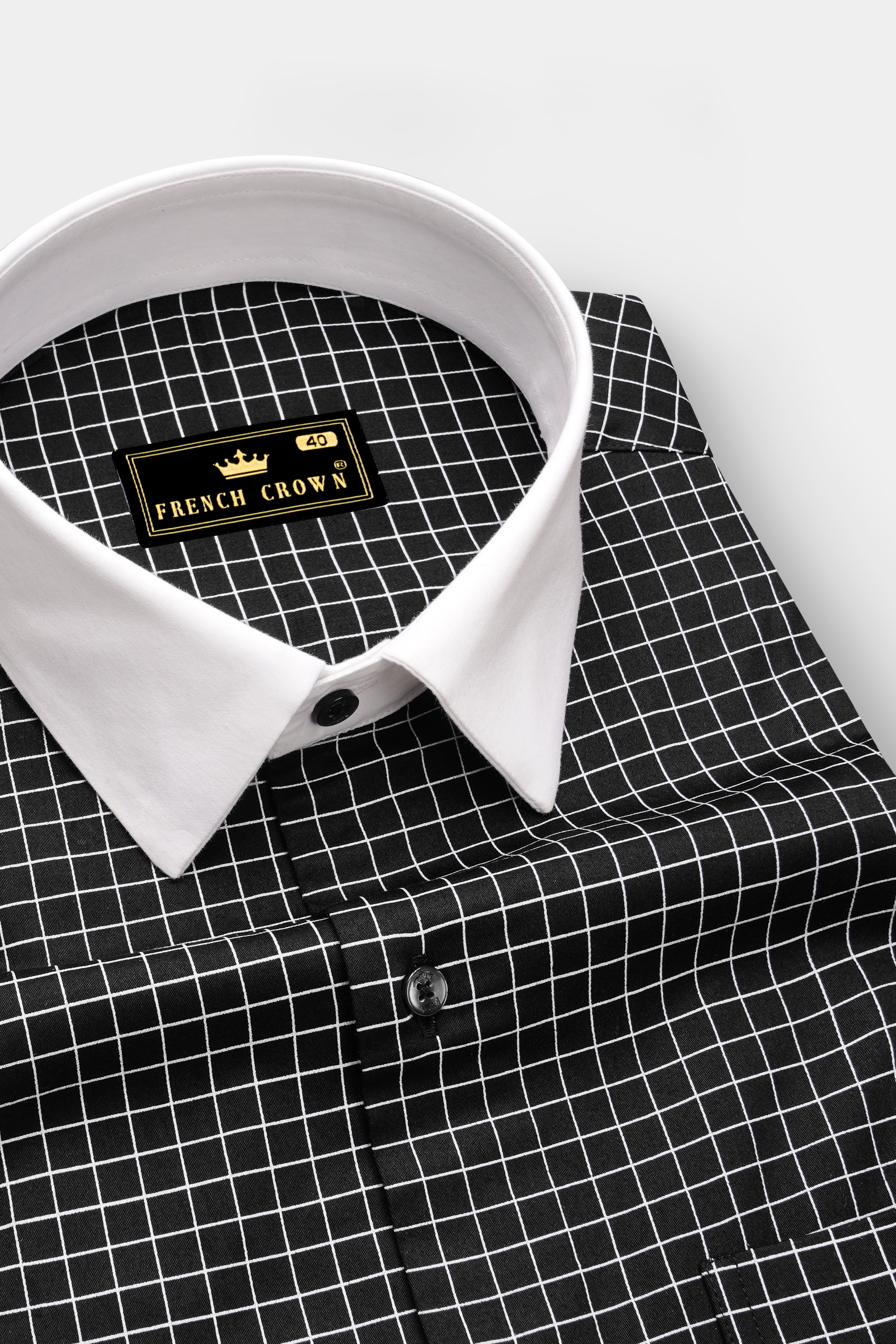 Ebon-Jade Black And Bright White Plaid Subtle Sheen Super Soft Premium Cotton Dress White Cuff Collar Shirt 14577-WCC-BLK-38, 14577-WCC-BLK-H-38, 14577-WCC-BLK-39, 14577-WCC-BLK-H-39, 14577-WCC-BLK-40, 14577-WCC-BLK-H-40, 14577-WCC-BLK-42, 14577-WCC-BLK-H-42, 14577-WCC-BLK-44, 14577-WCC-BLK-H-44, 14577-WCC-BLK-46, 14577-WCC-BLK-H-46, 14577-WCC-BLK-48, 14577-WCC-BLK-H-48, 14577-WCC-BLK-50, 14577-WCC-BLK-H-50, 14577-WCC-BLK-52, 14577-WCC-BLK-H-52