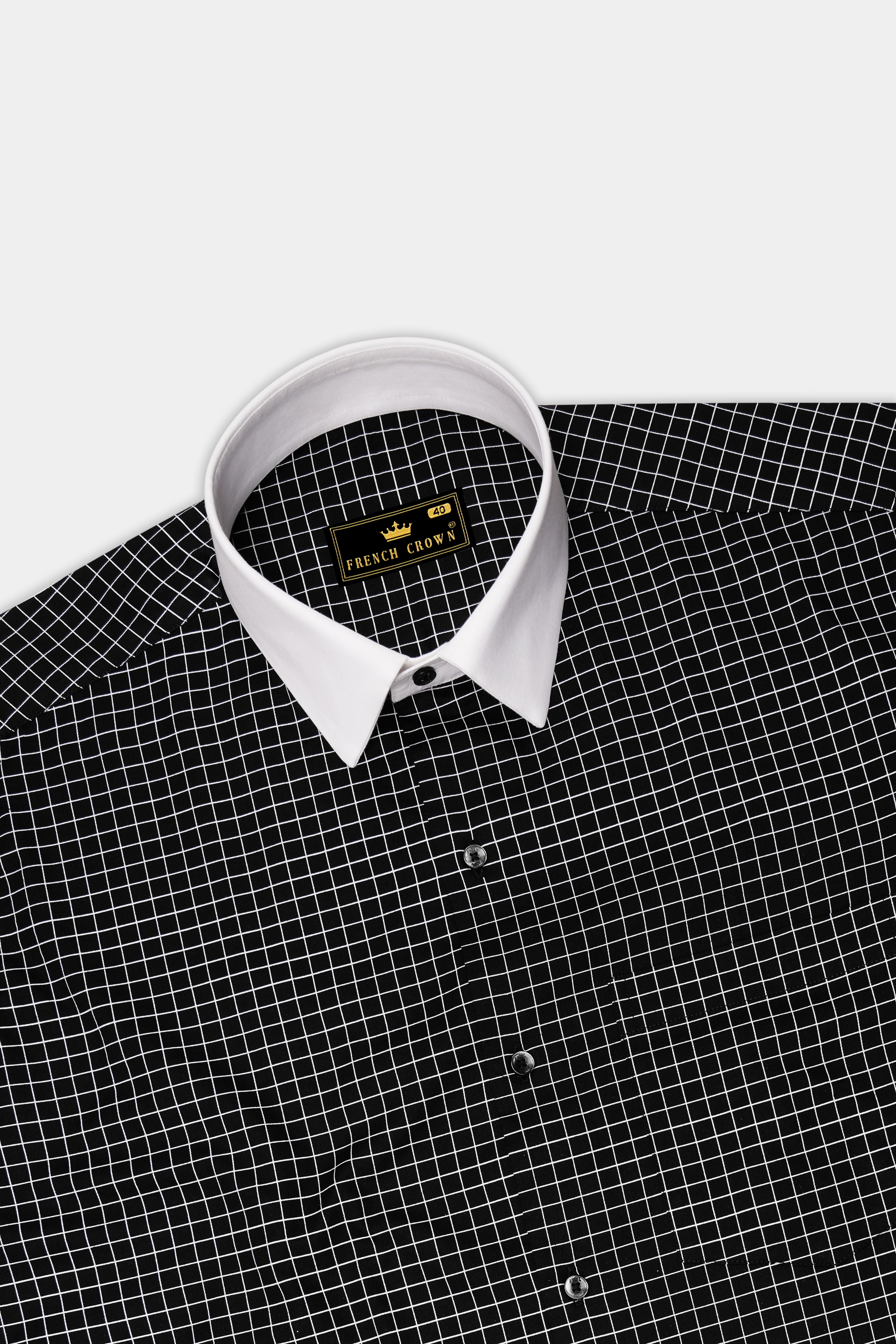 Ebon-Jade Black And Bright White Plaid Subtle Sheen Super Soft Premium Cotton Dress White Cuff Collar Shirt 14577-WCC-BLK-38, 14577-WCC-BLK-H-38, 14577-WCC-BLK-39, 14577-WCC-BLK-H-39, 14577-WCC-BLK-40, 14577-WCC-BLK-H-40, 14577-WCC-BLK-42, 14577-WCC-BLK-H-42, 14577-WCC-BLK-44, 14577-WCC-BLK-H-44, 14577-WCC-BLK-46, 14577-WCC-BLK-H-46, 14577-WCC-BLK-48, 14577-WCC-BLK-H-48, 14577-WCC-BLK-50, 14577-WCC-BLK-H-50, 14577-WCC-BLK-52, 14577-WCC-BLK-H-52