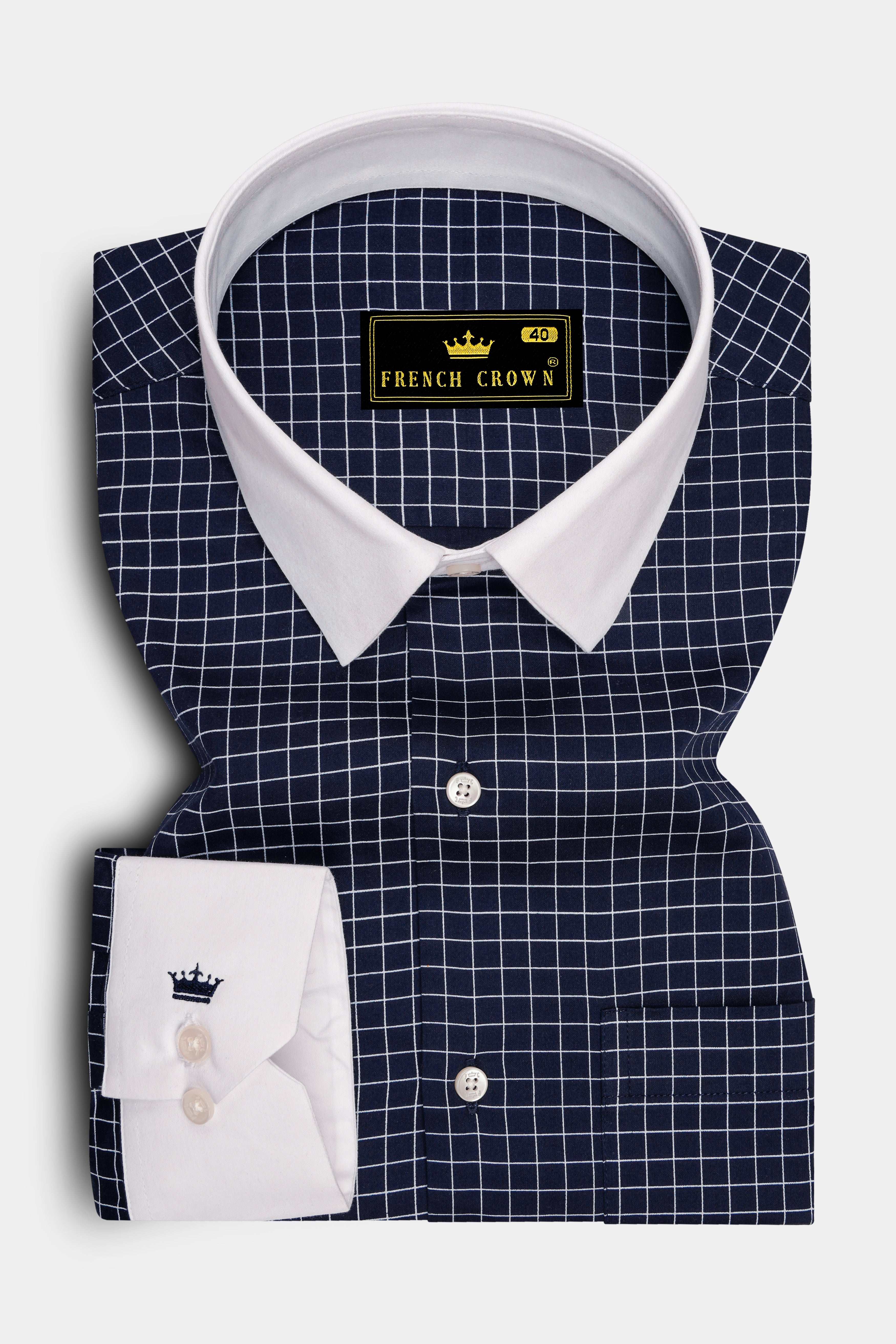 Drift-Cinder Blue And Bright White Plaid Subtle Sheen Super Soft Premium Cotton Dress White Cuff Collar Shirt