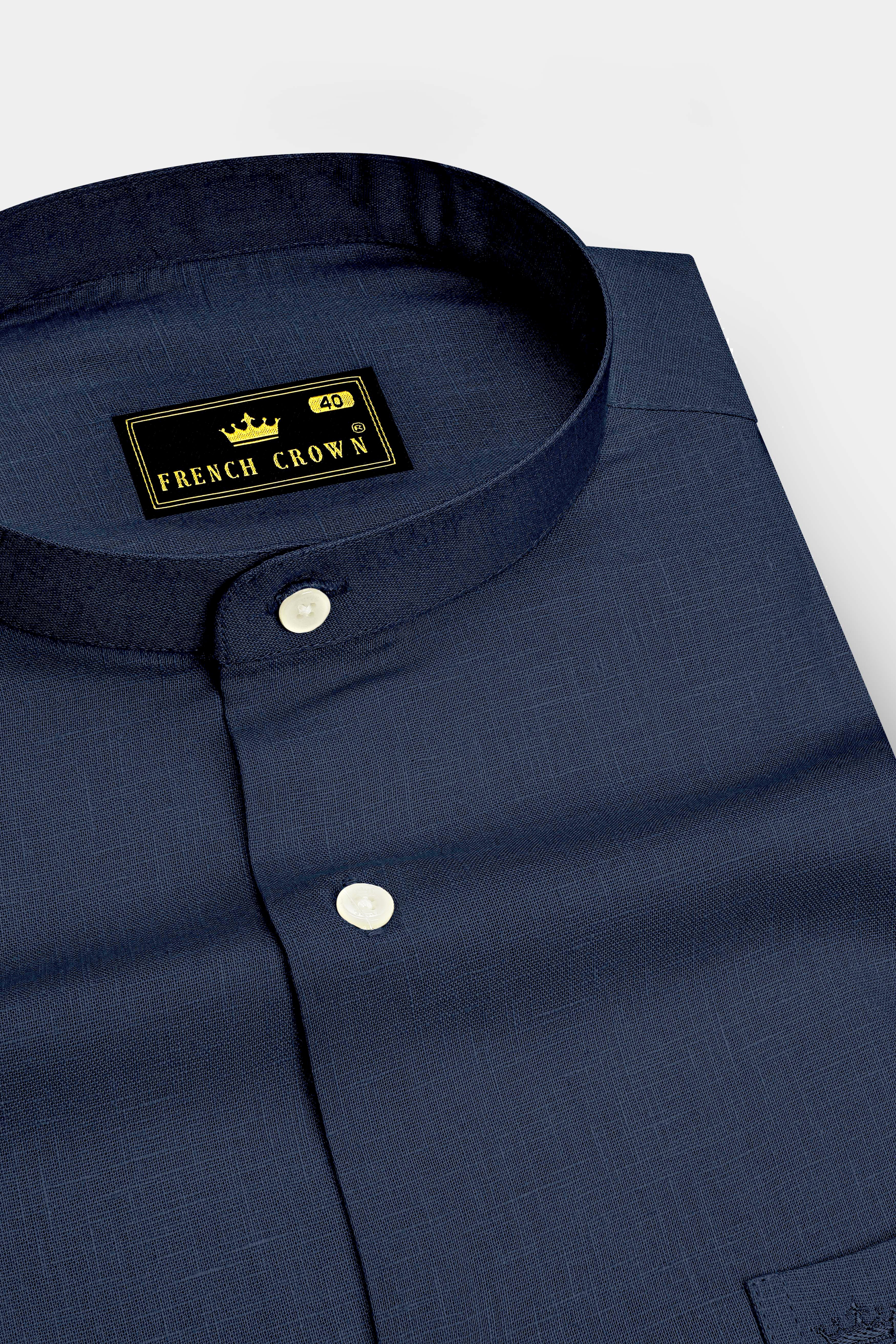 Mariner-Bunker Blue Luxurious Linen Mandarin Dress Shirt