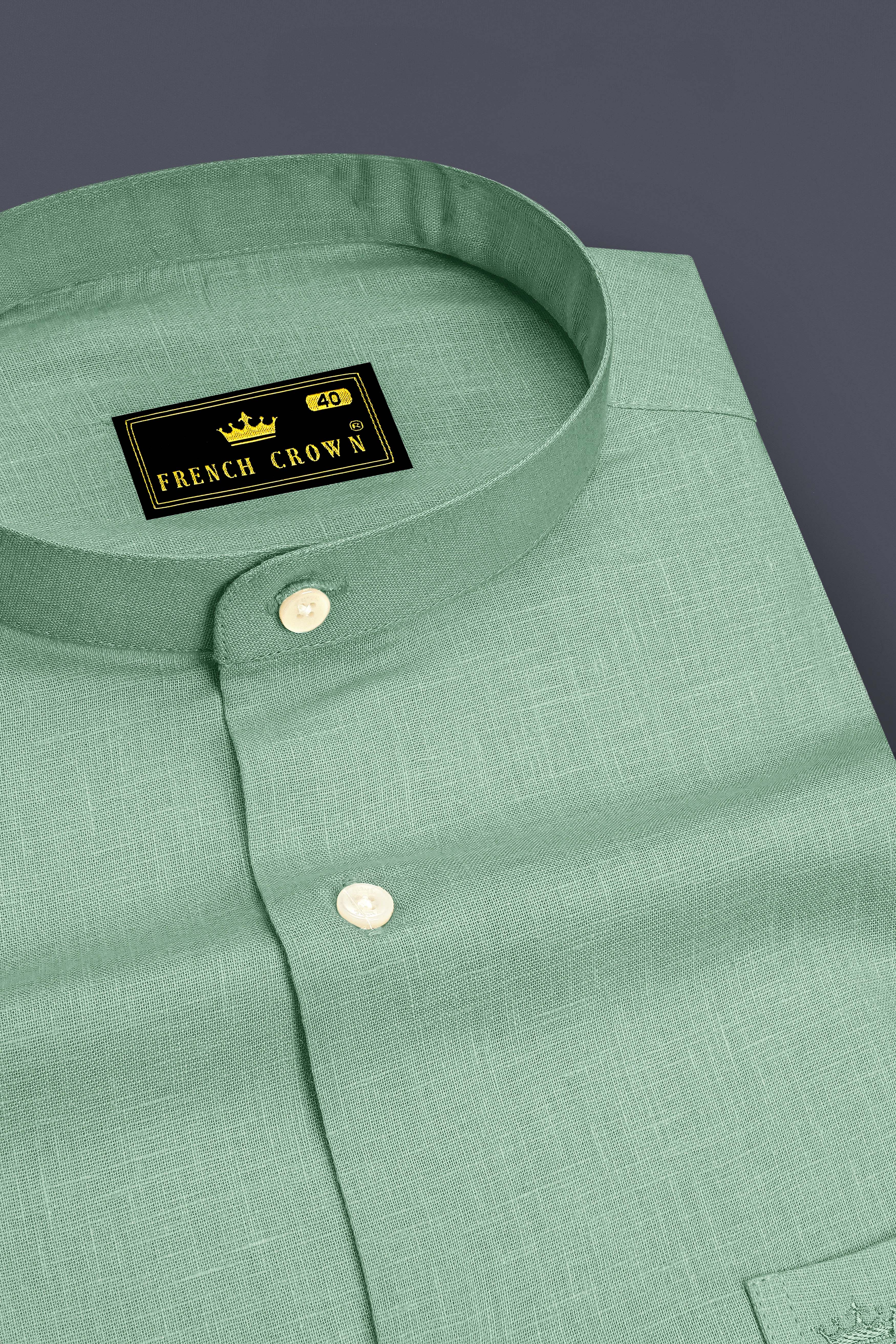 Verdant-Mantle Green Luxurious Linen Mandarin Dress Shirt