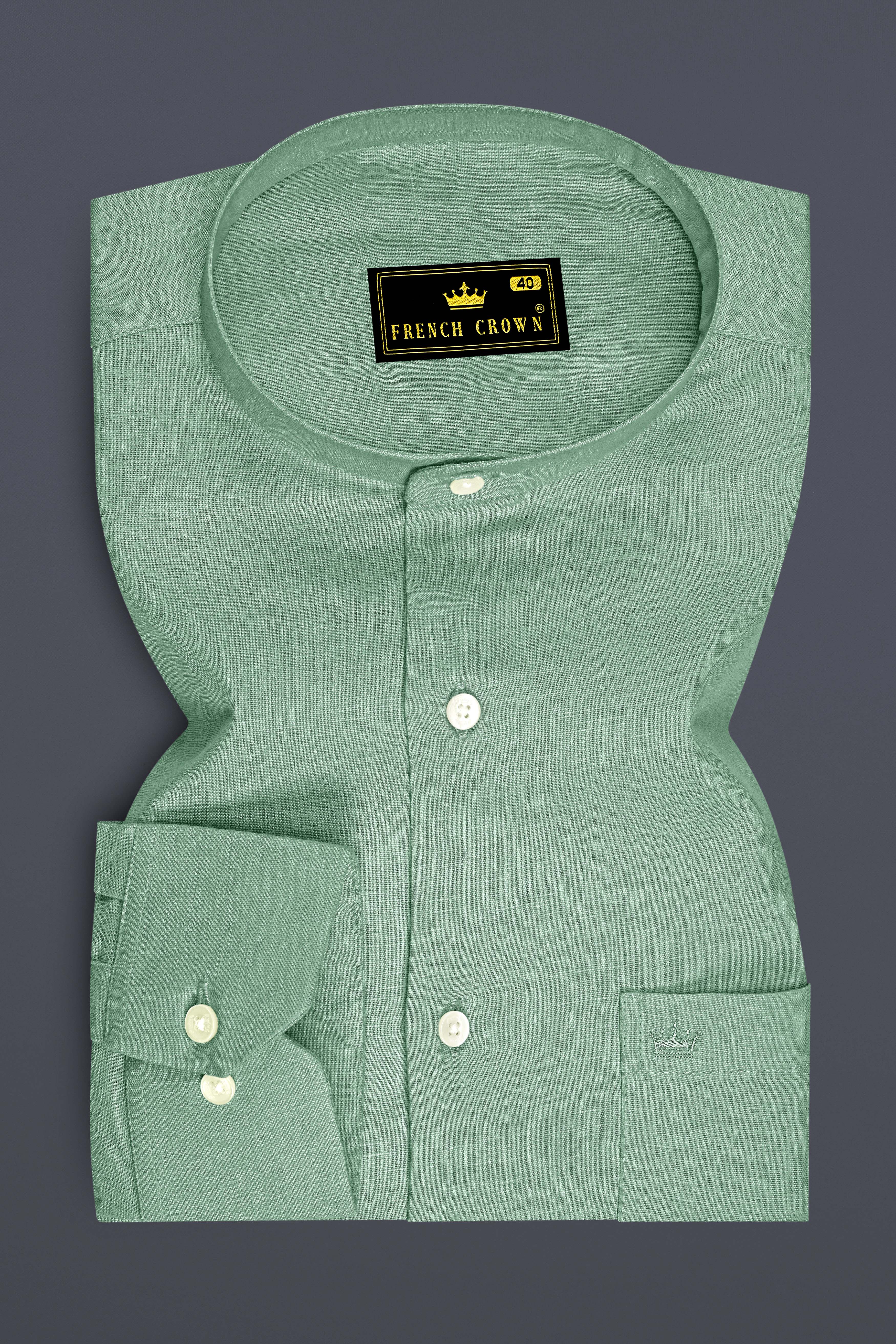 Verdant-Mantle Green Luxurious Linen Mandarin Dress Shirt