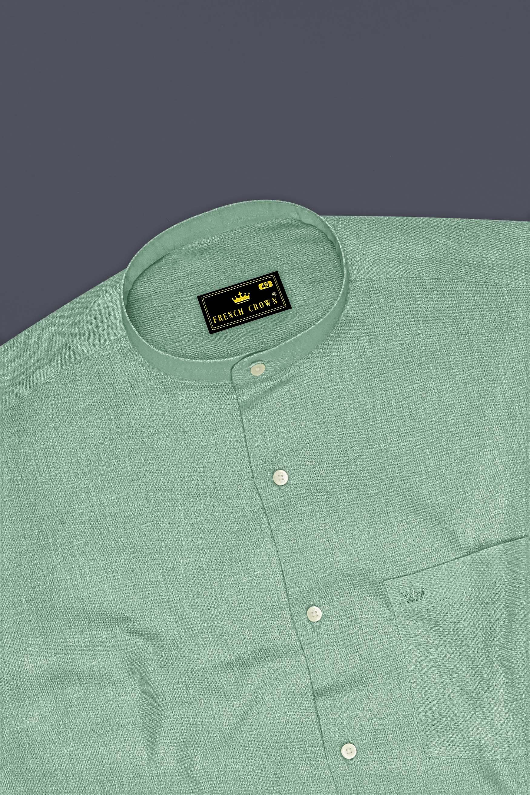 Verdant-Mantle Green Luxurious Linen Mandarin Dress Shirt
