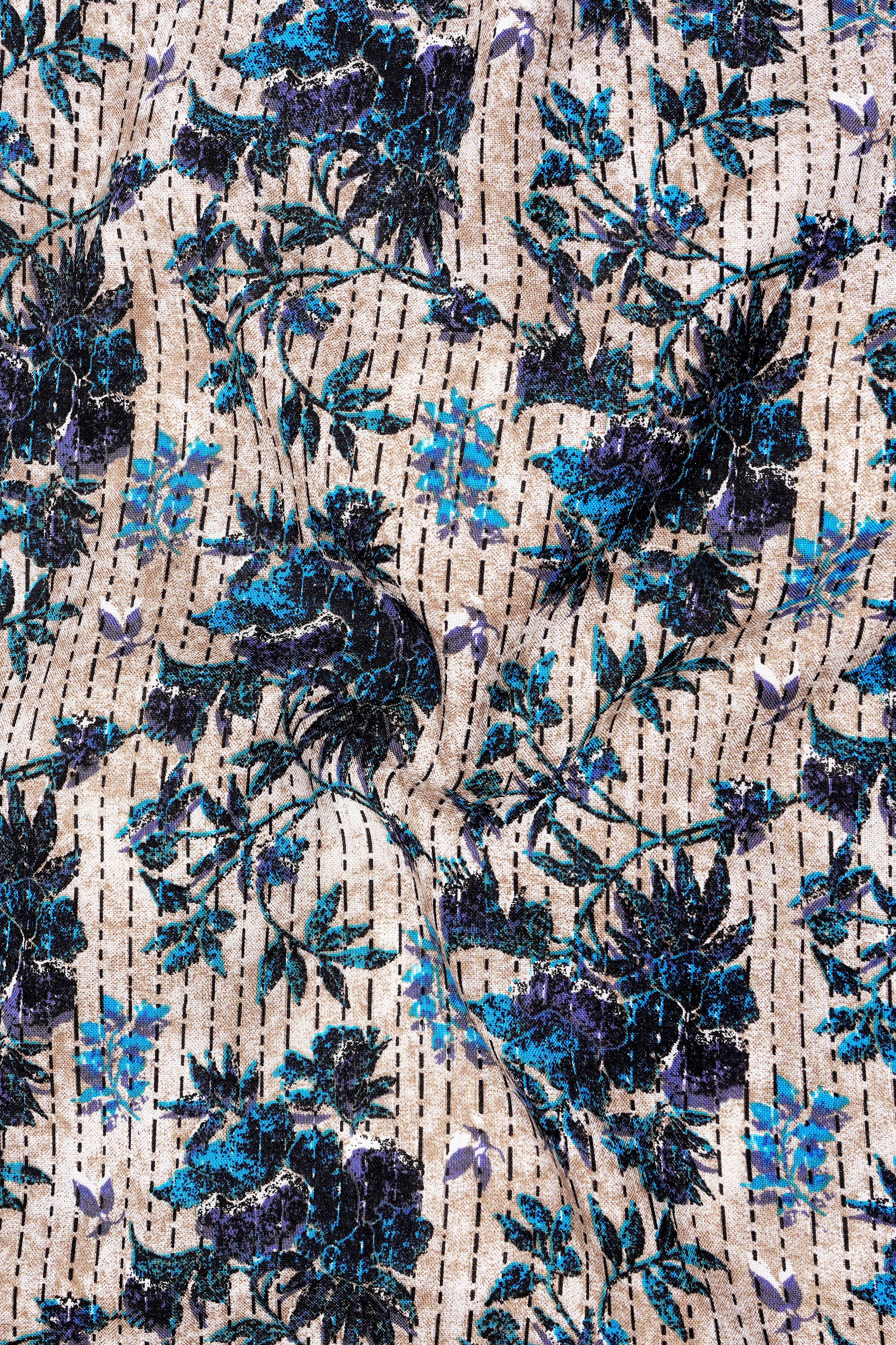 Virelle-Rodeo Cream And Curious Blue Floral Vine Printed Super Soft Tencel Casual Kurta Shirts