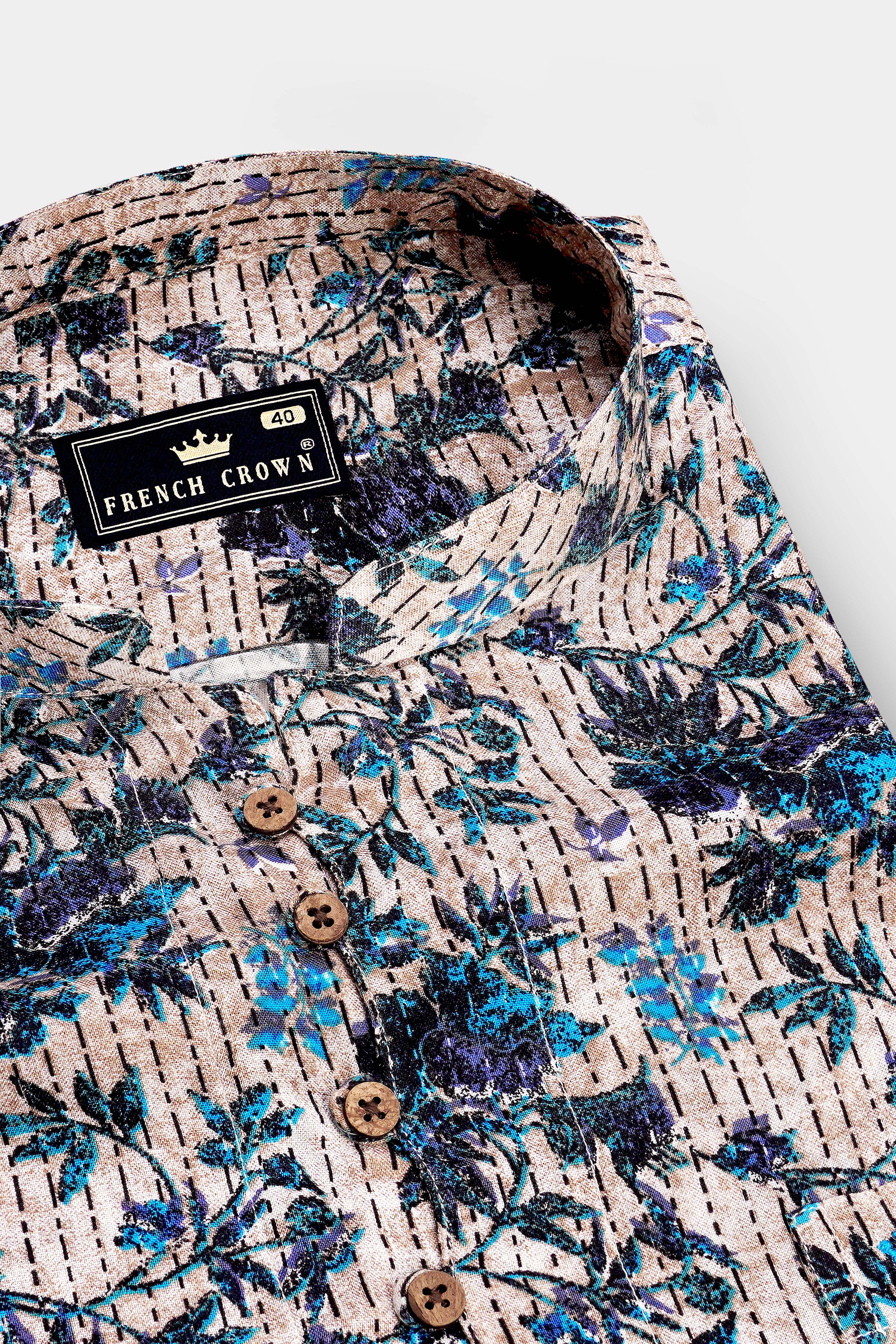 Virelle-Rodeo Cream And Curious Blue Floral Vine Printed Super Soft Tencel Casual Kurta Shirts