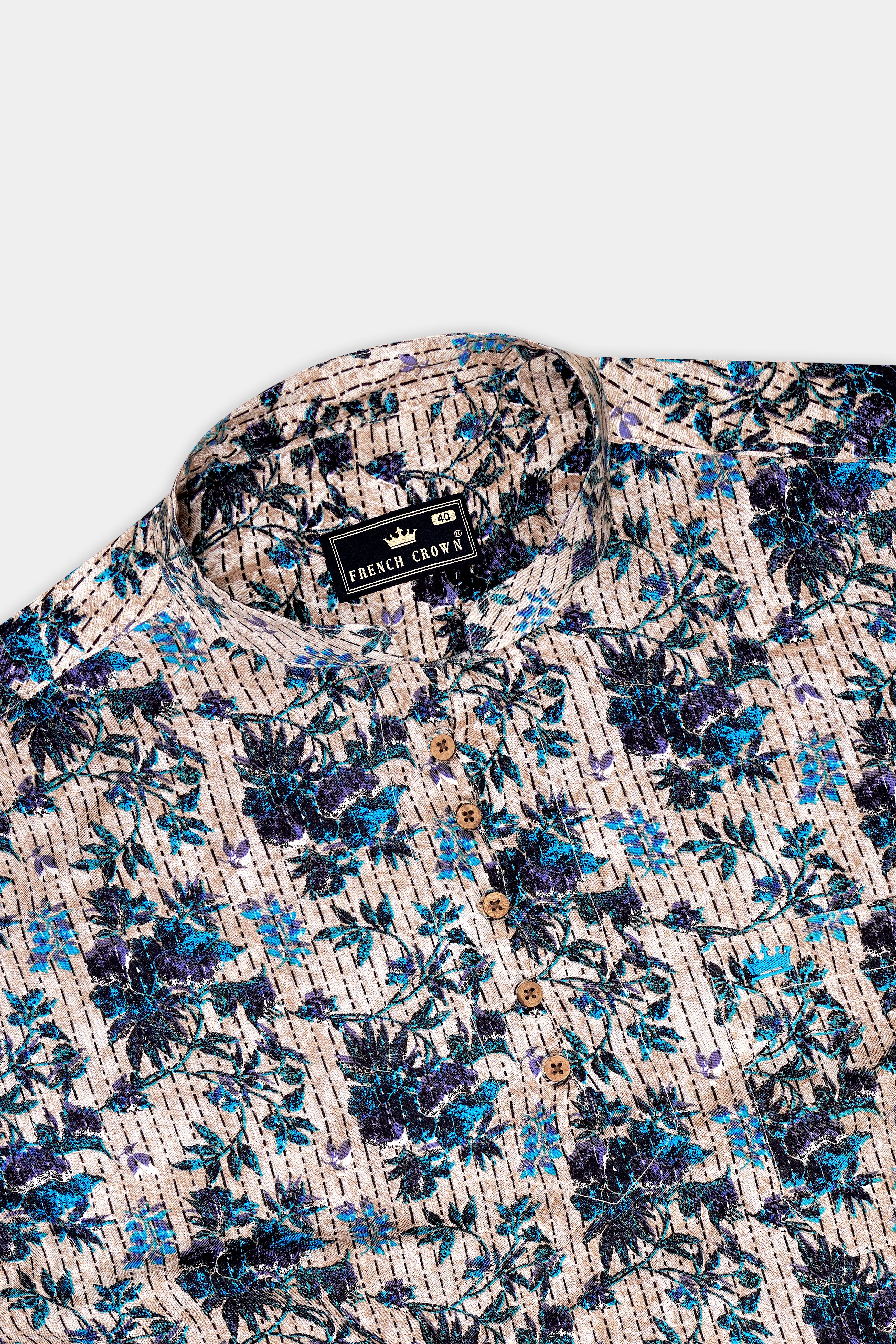 Virelle-Rodeo Cream And Curious Blue Floral Vine Printed Super Soft Tencel Casual Kurta Shirts