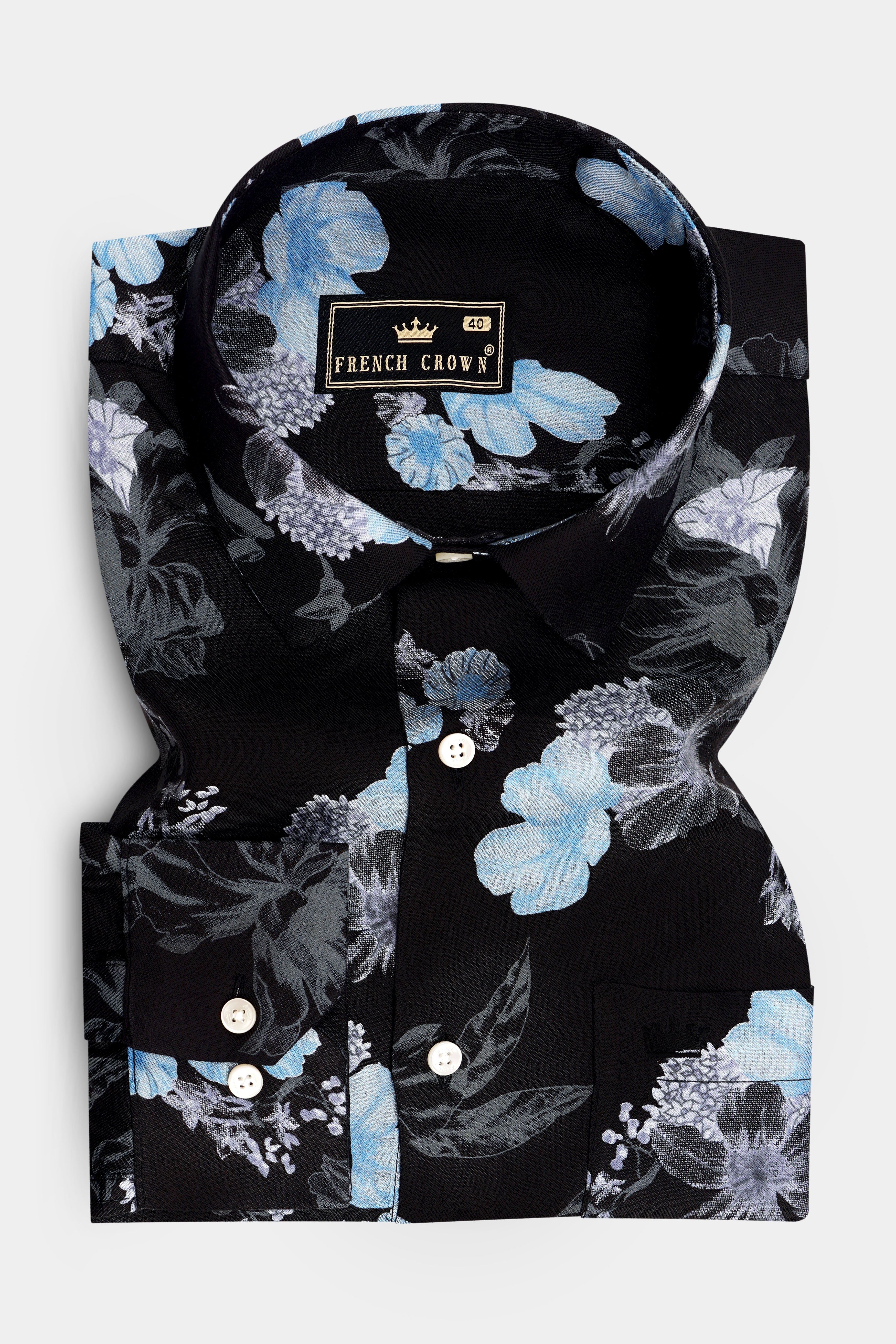 Obsidian-Jade Black And Fountain Blue Botanical Floral Printed Super Soft Tencel Casual Shirt