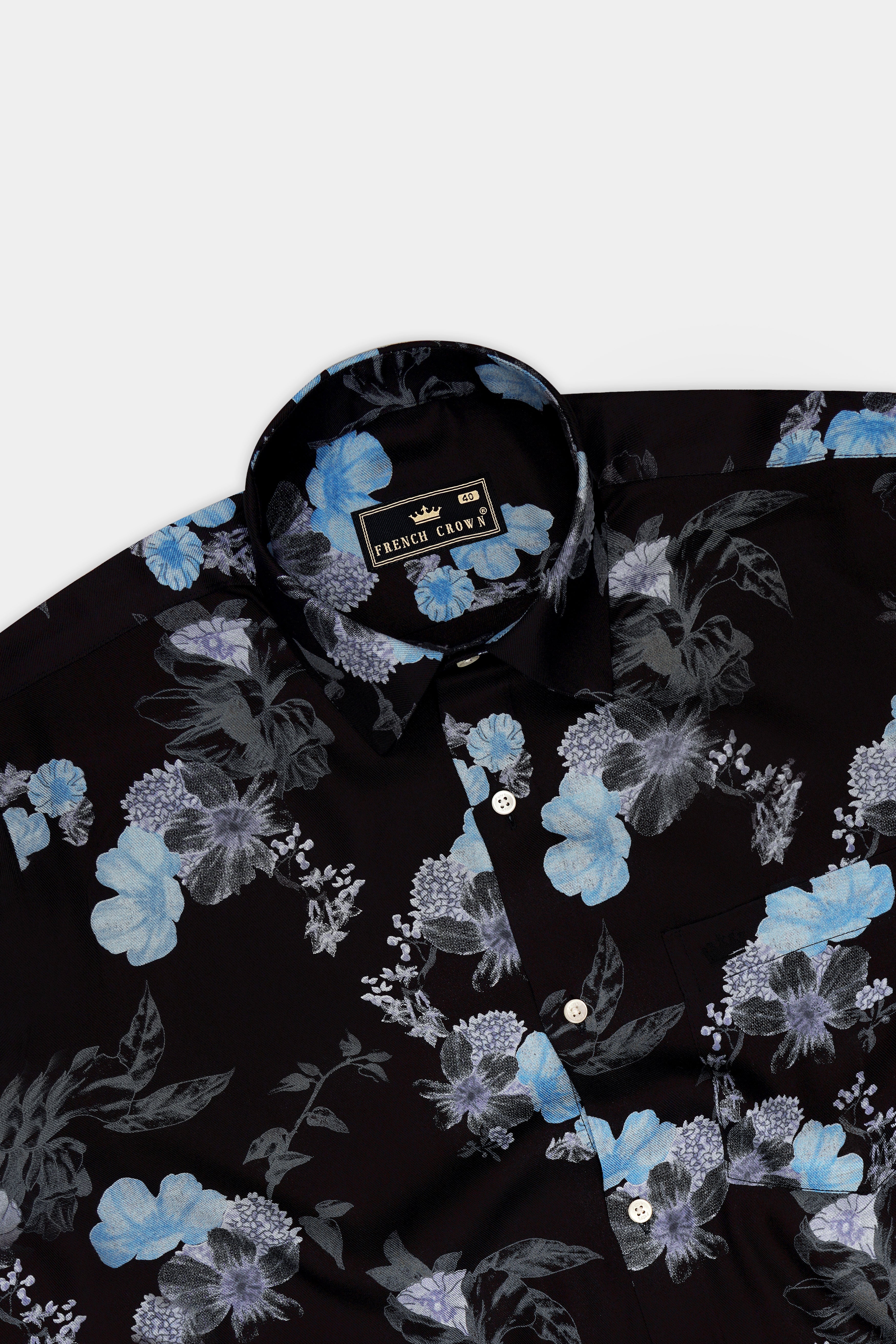 Obsidian-Jade Black And Fountain Blue Botanical Floral Printed Super Soft Tencel Casual Shirt