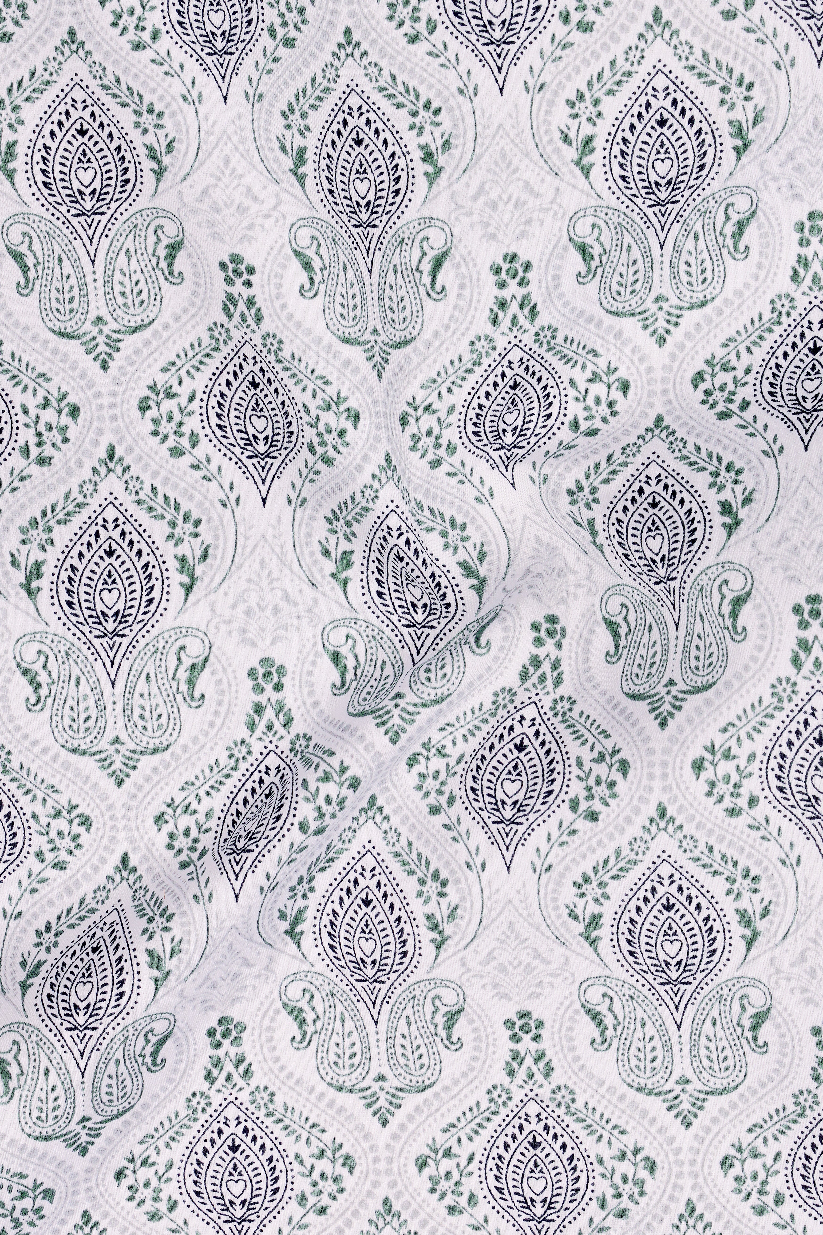 Verdant-Bright White And Raven Green Paisley Printed Subtle Sheen Super Soft Premium Cotton Dress Shirt