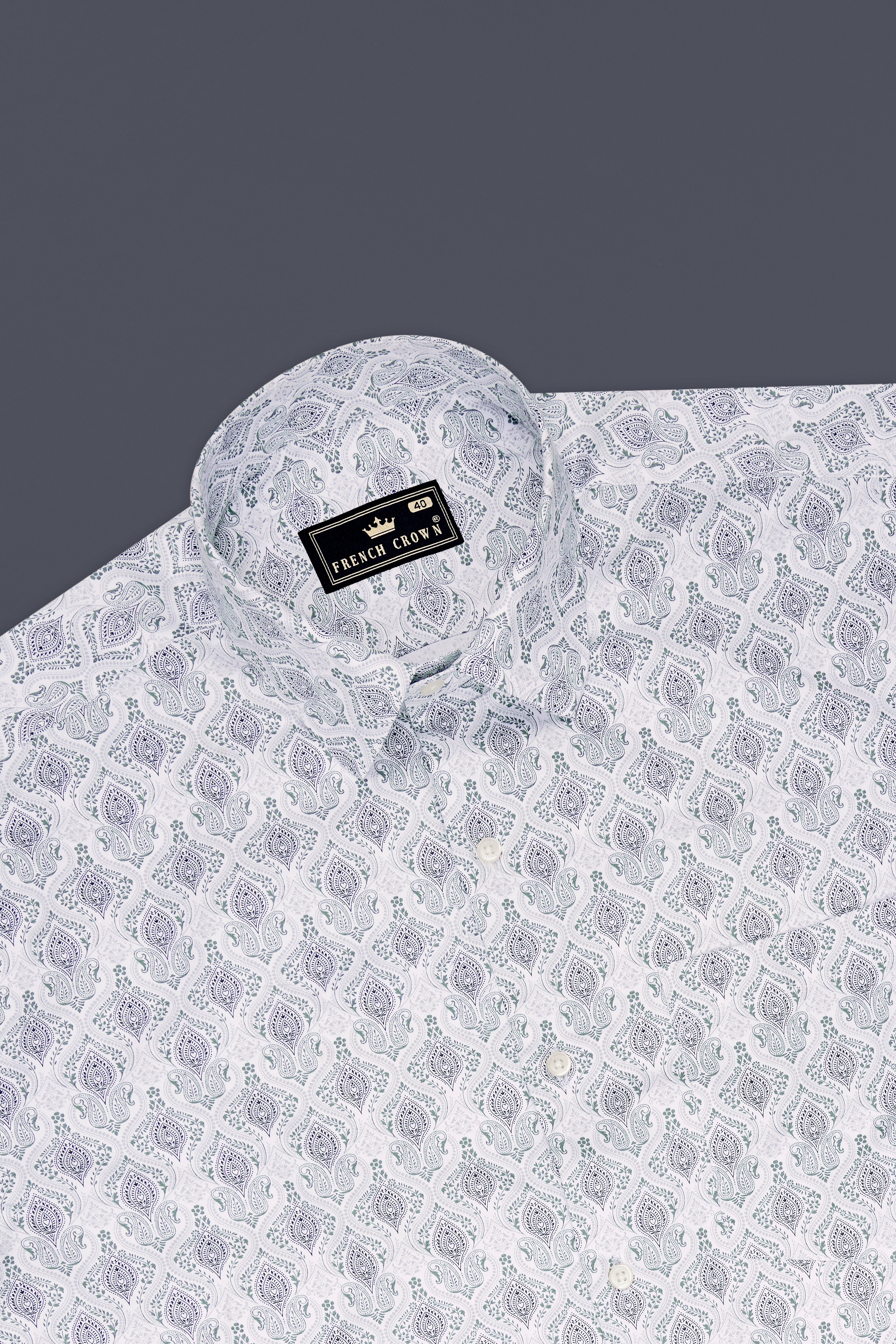 Verdant-Bright White And Raven Green Paisley Printed Subtle Sheen Super Soft Premium Cotton Dress Shirt