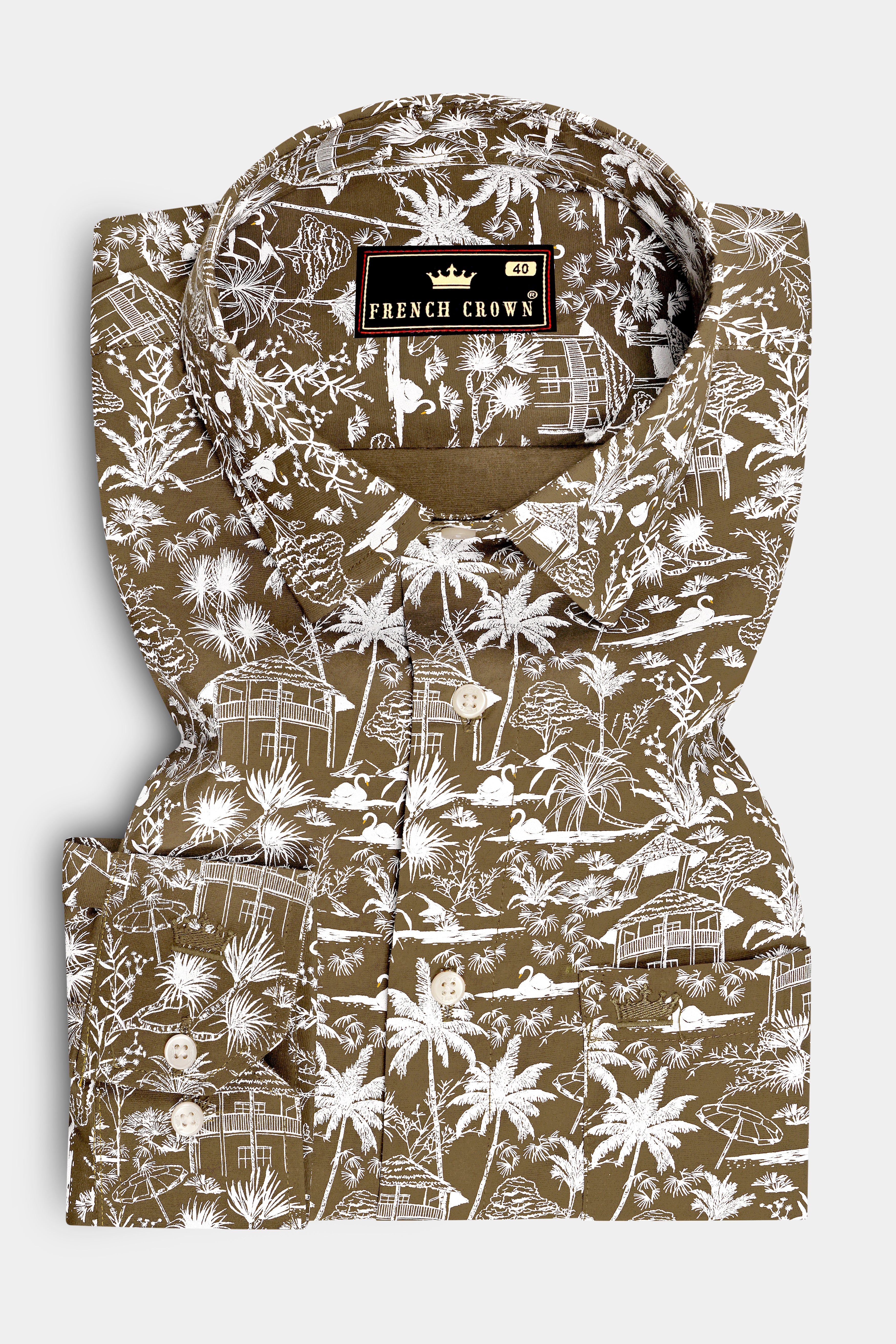 Sienna-Saddle Brown And Bright White Tropical Toile Printed Chambray Premium Cotton Casual Shirt