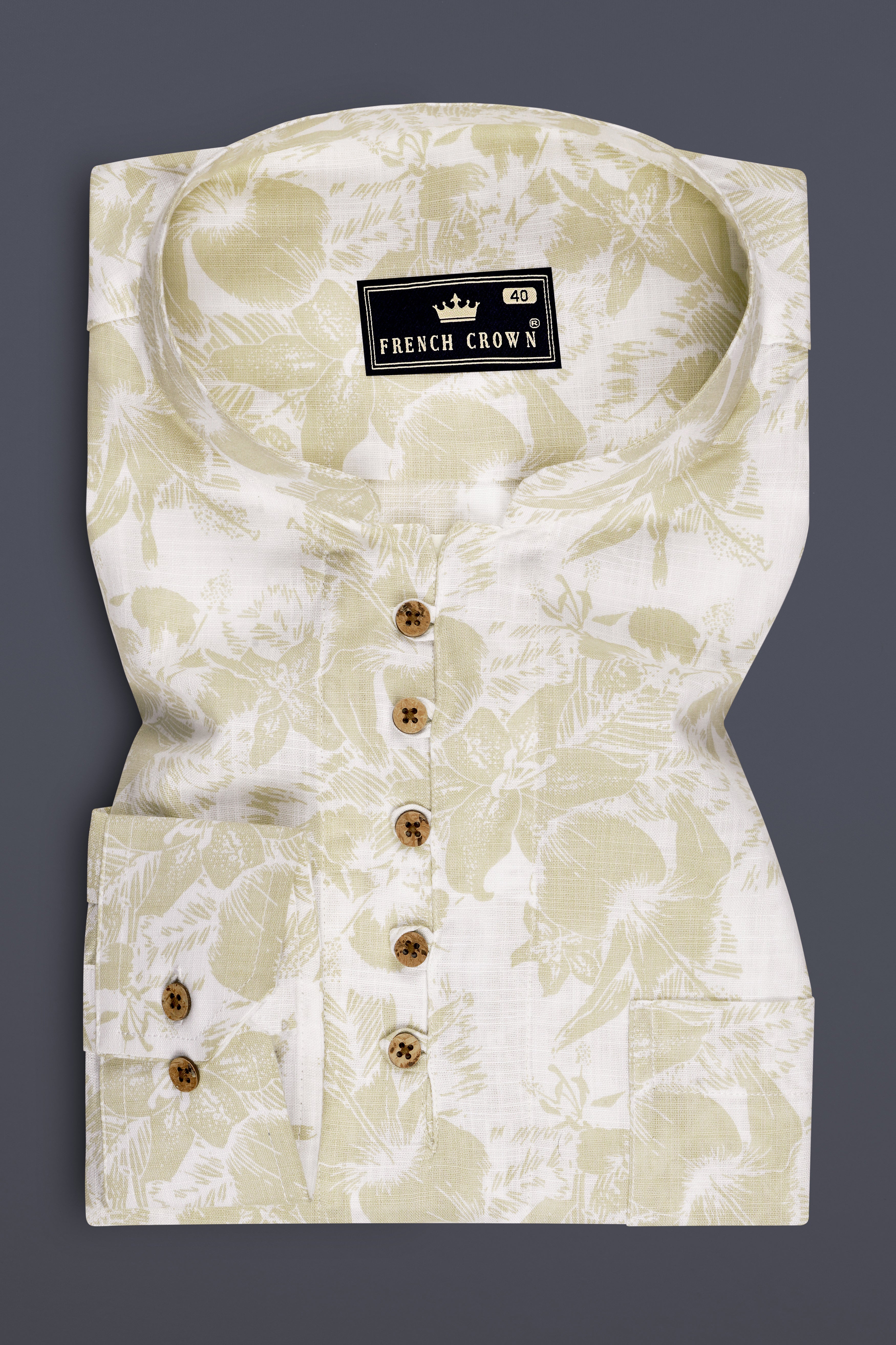 Solara-Sisal Cream And Bright White Tropical Floral Printed Luxurious Linen Casual Kurta Shirt