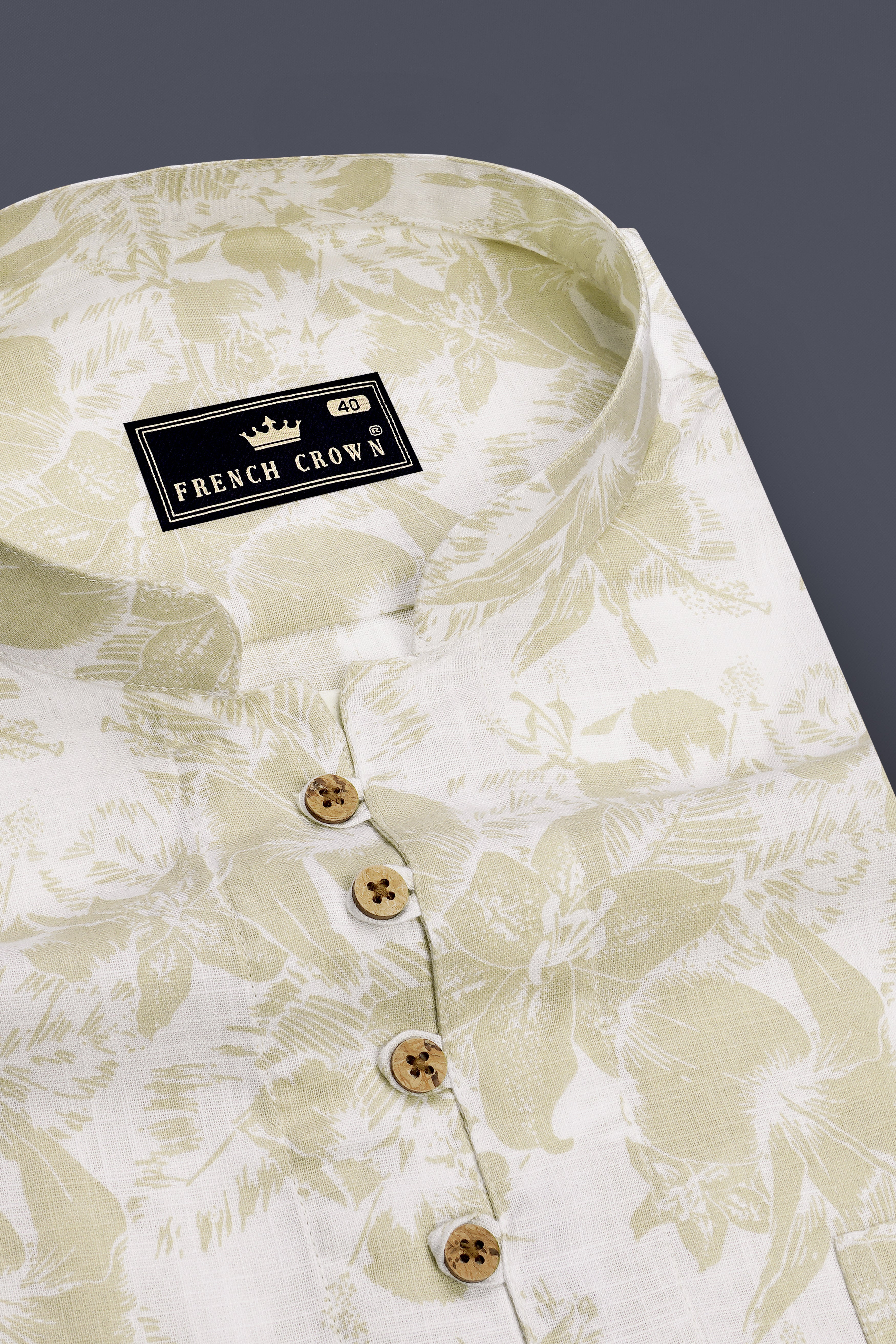Solara-Sisal Cream And Bright White Tropical Floral Printed Luxurious Linen Casual Kurta Shirt