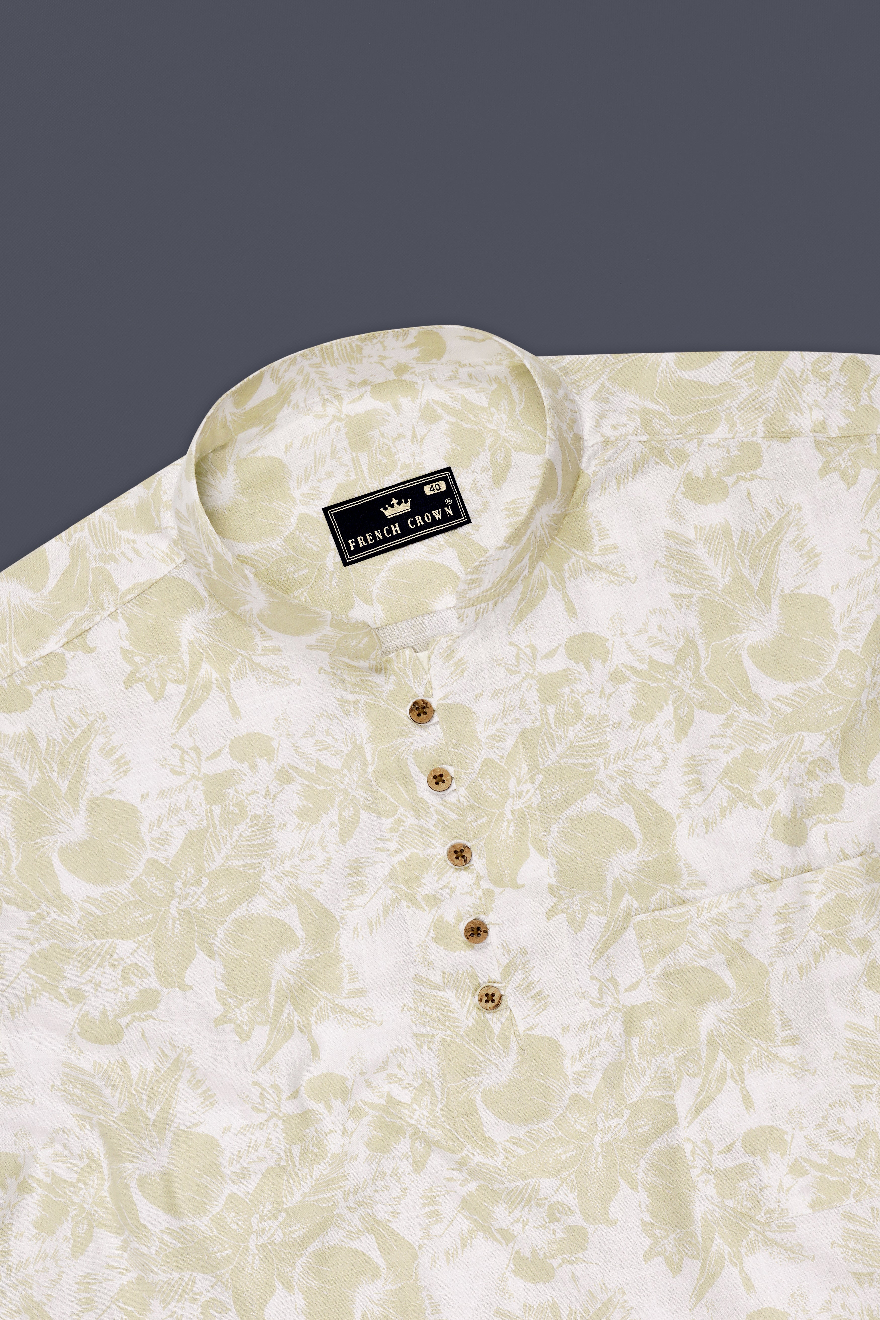 Solara-Sisal Cream And Bright White Tropical Floral Printed Luxurious Linen Casual Kurta Shirt