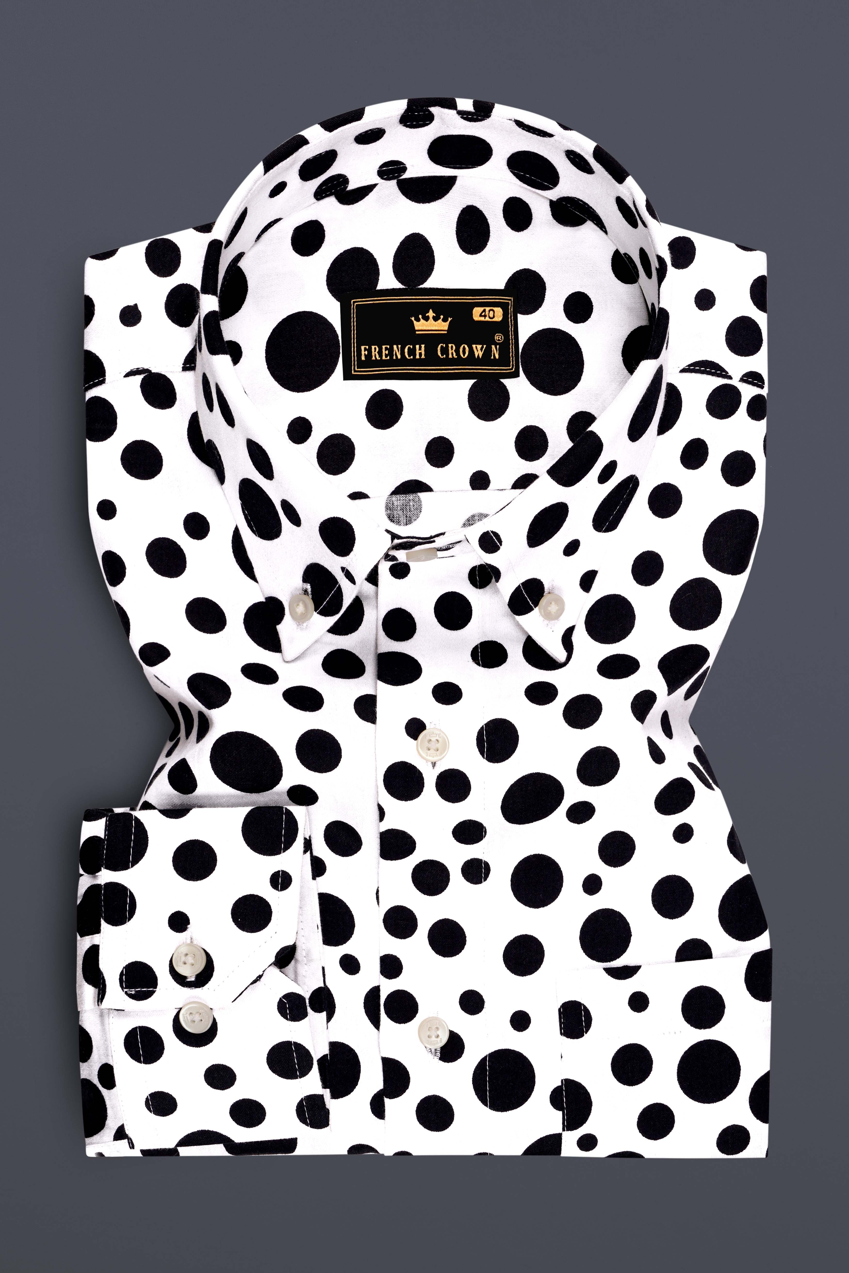 Elaro-Bright White And Jade Black Polka Dot Printed Subtle Sheen Super Soft Premium Cotton Casual Shirt