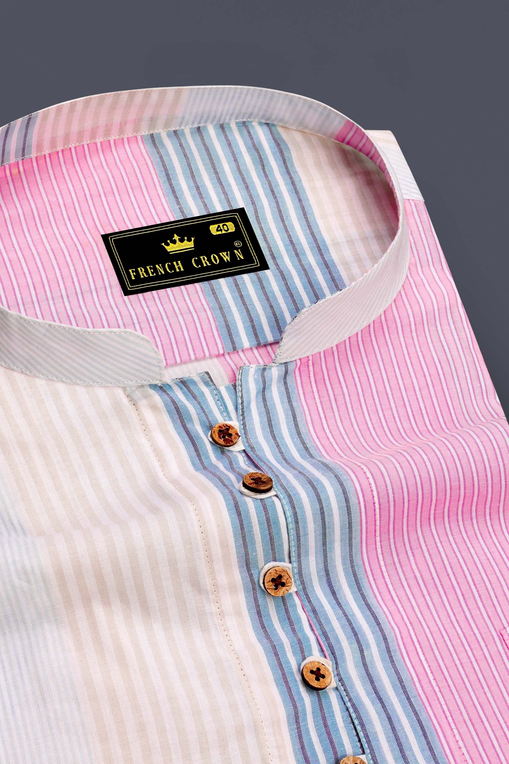 Strivio-Faded Pink And Casper Blue Multicolour Striped Super Soft Premium Cotton Casual Kurta Shirt