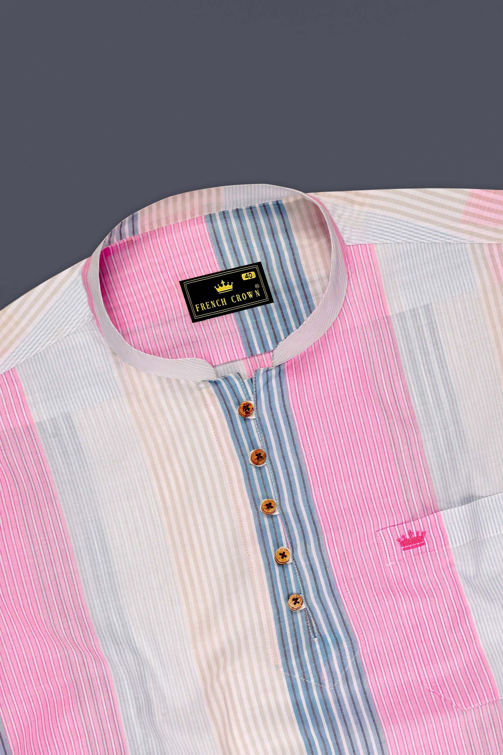 Strivio-Faded Pink And Casper Blue Multicolour Striped Super Soft Premium Cotton Casual Kurta Shirt