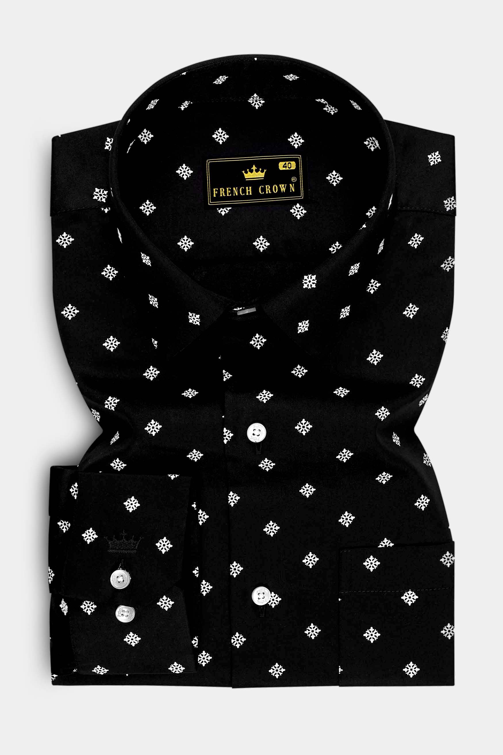 Noctra-Jade Black Snowflake Printed Subtle Sheen Super Soft Premium Cotton Dress Shirt